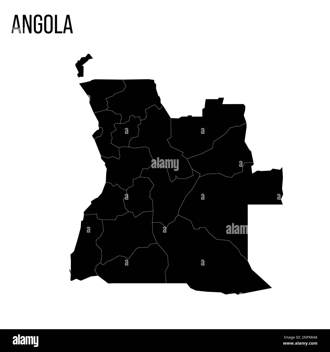 Angolanische politische Karte der Verwaltungsabteilungen - Provinzen. Leere schwarze Karte und Name des Landes. Stock Vektor