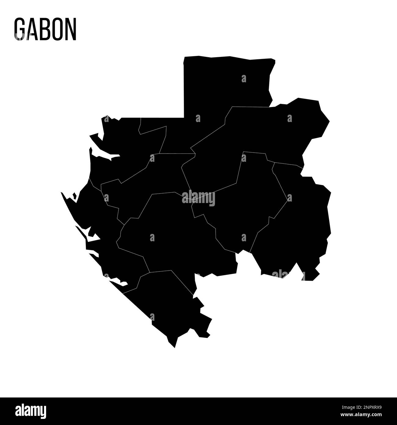 Gabun politische Karte der Verwaltungsabteilungen - Provinzen. Leere schwarze Karte und Name des Landes. Stock Vektor