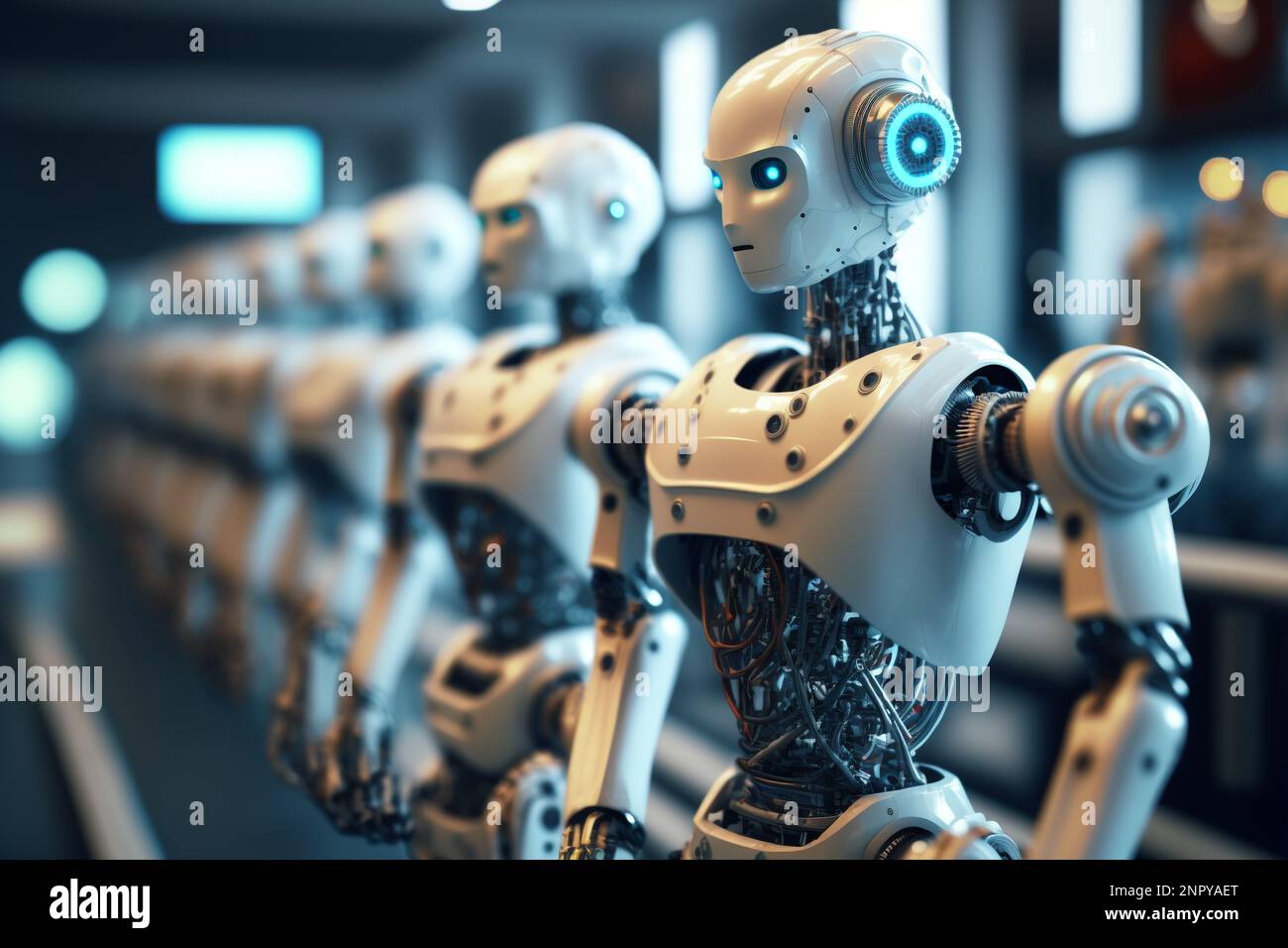 KI-Computertechnologie Smart Factory, Industrie 4,0, M2M Computer Aided Manufacturing. Roboter, der in der Fabrikfertigung mit einer Maschine arbeitet Stockfoto