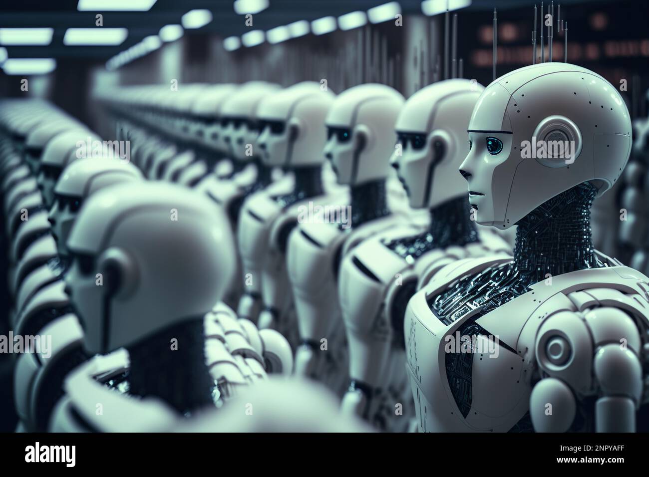 KI-Computertechnologie Smart Factory, Industrie 4,0, M2M Computer Aided Manufacturing. Roboter, der in der Fabrikfertigung mit einer Maschine arbeitet Stockfoto