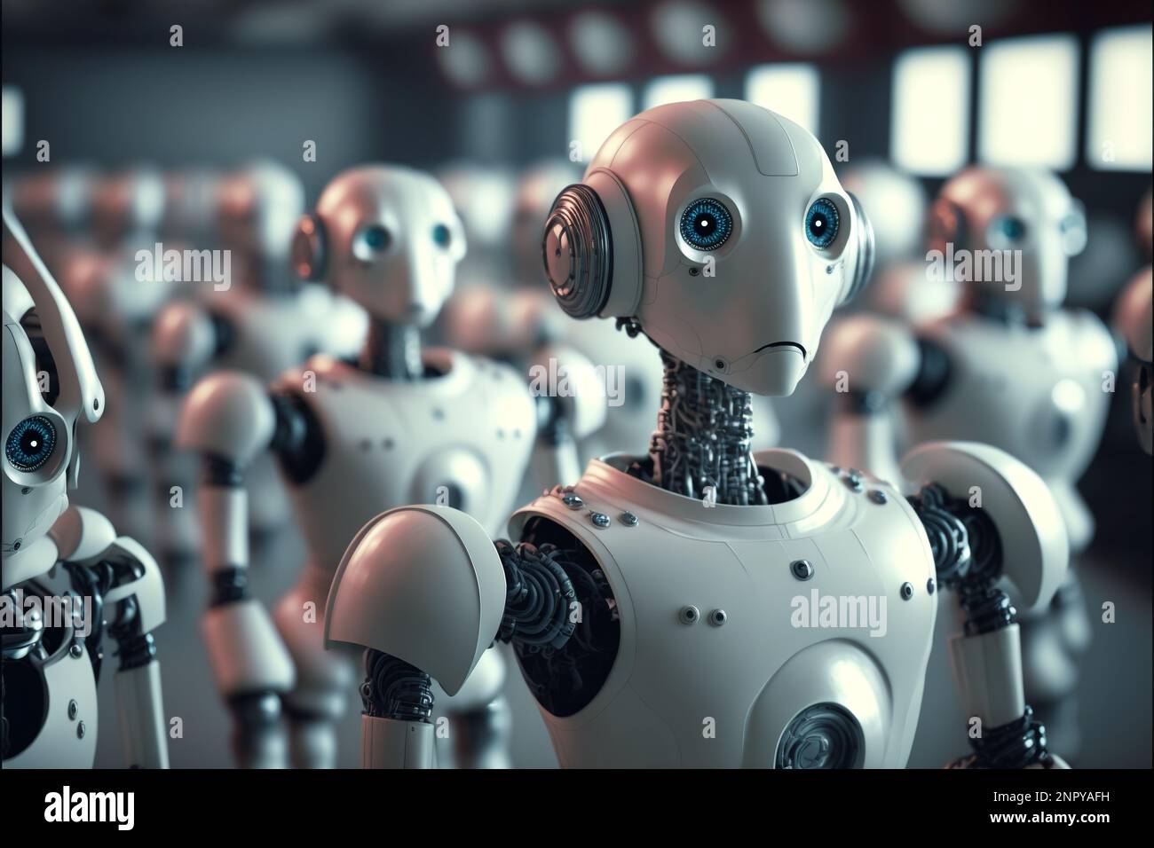 KI-Computertechnologie Smart Factory, Industrie 4,0, M2M Computer Aided Manufacturing. Roboter, der in der Fabrikfertigung mit einer Maschine arbeitet Stockfoto