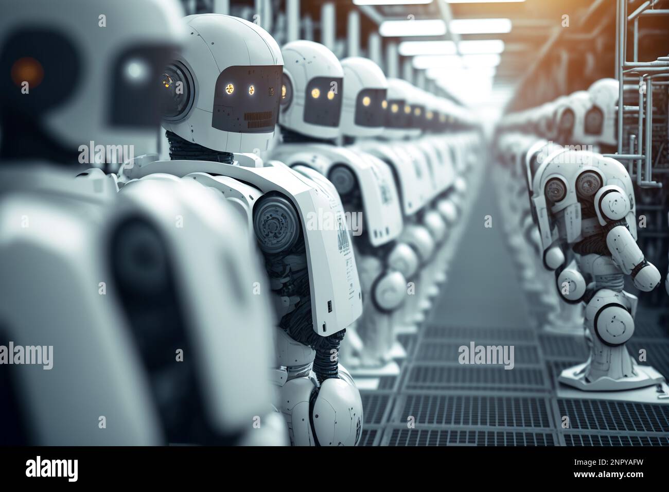 KI-Computertechnologie Smart Factory, Industrie 4,0, M2M Computer Aided Manufacturing. Roboter, der in der Fabrikfertigung mit einer Maschine arbeitet Stockfoto