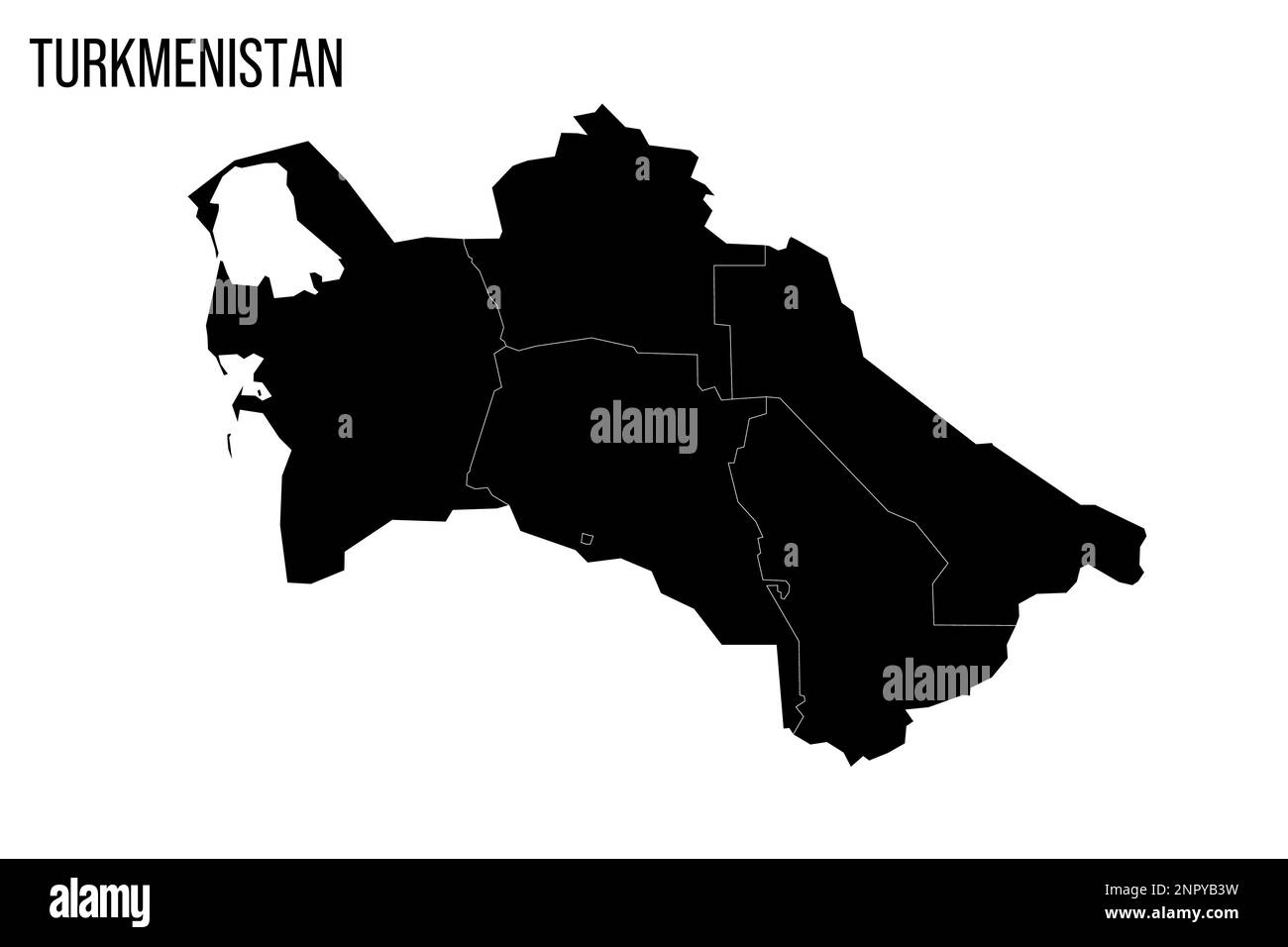 Turkmenistan politische Karte der Verwaltungsabteilungen - Regionen und Hauptstadtbezirk Aschgabat. Leere schwarze Karte und Name des Landes. Stock Vektor