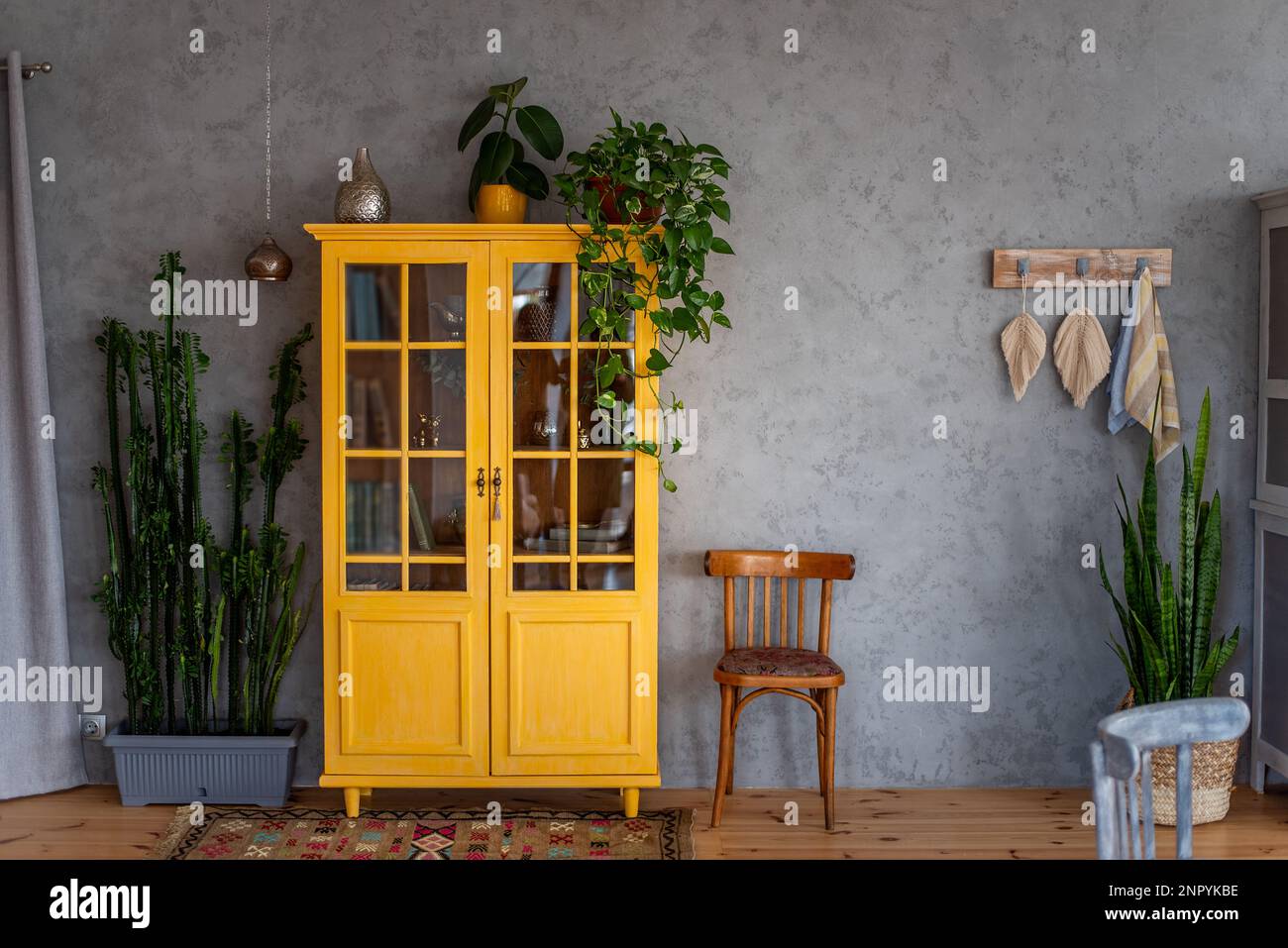 Dunkelgelbes Bücherregal aus Holz an grauer Betonwand. Um grüne Töpfe mit Hausblumen. Skandinavisches Apartment im Loftstil, rustikales Design. Makrame Stockfoto