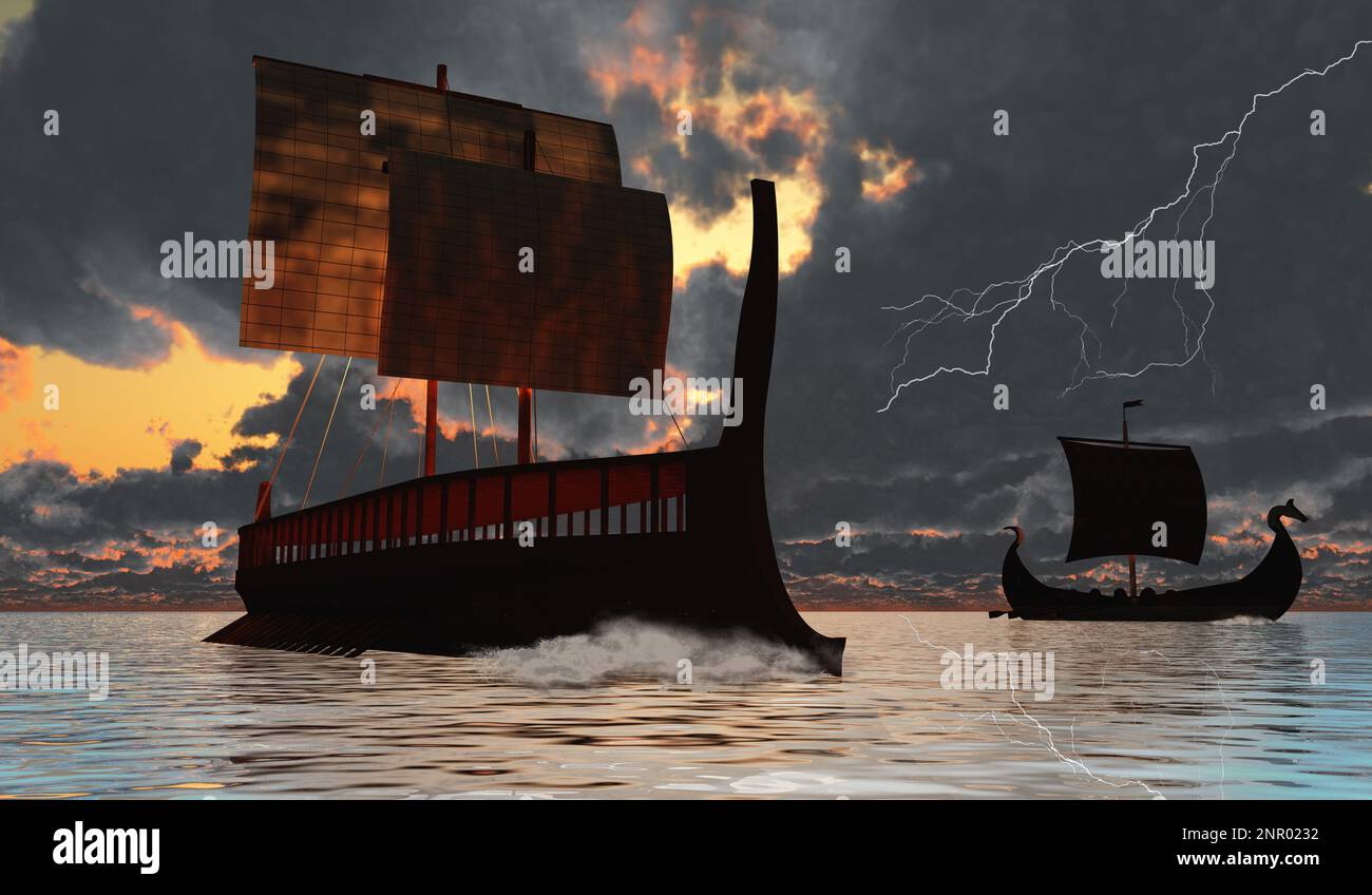 Ein Wikingerlanglaufboot segelt zu ihren Zielen, um Handelswaren zu kaufen, während ein Gewitter auf sie zukommt. Stockfoto
