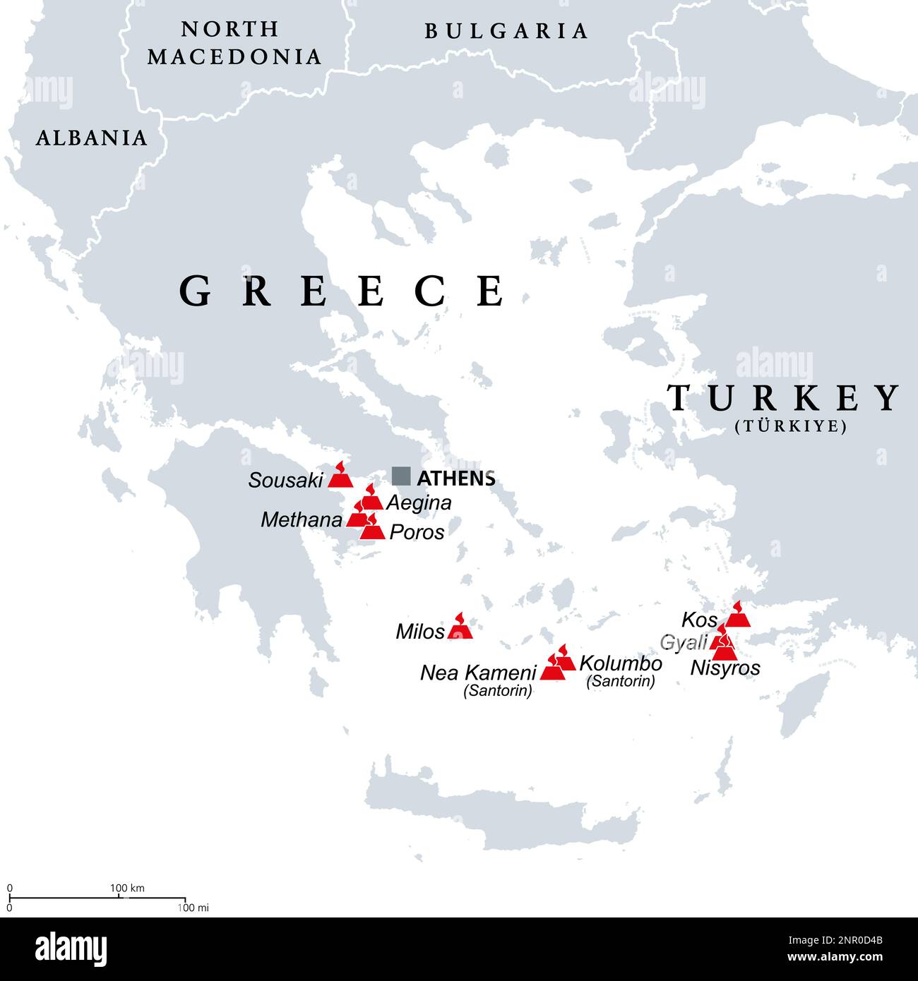 Griechenland, aktive und ausgestorbene Vulkane in der Ägäis-Region, politische Karte. Der letzte Ausbruch ereignete sich auf der griechischen Insel Santorin. Stockfoto