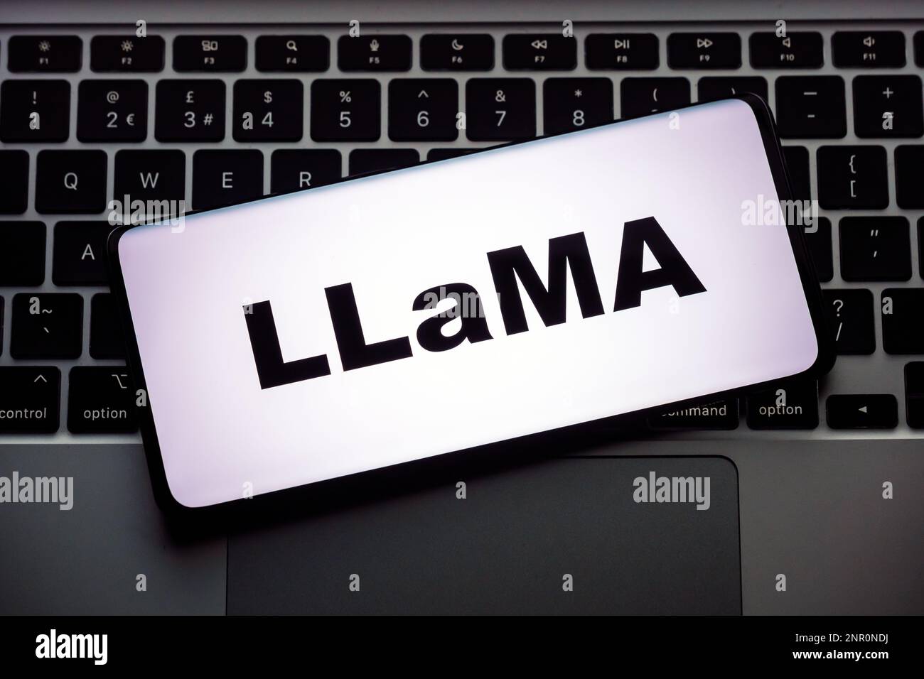 Lama-Buchstaben auf dem Smartphone und verschwommenes Firmenlogo von Meta auf dem Hintergrund. Llama ist ein großes Sprachmodell für Meta-KI von Meta Platforms. Stafford, Großbritannien, Stockfoto