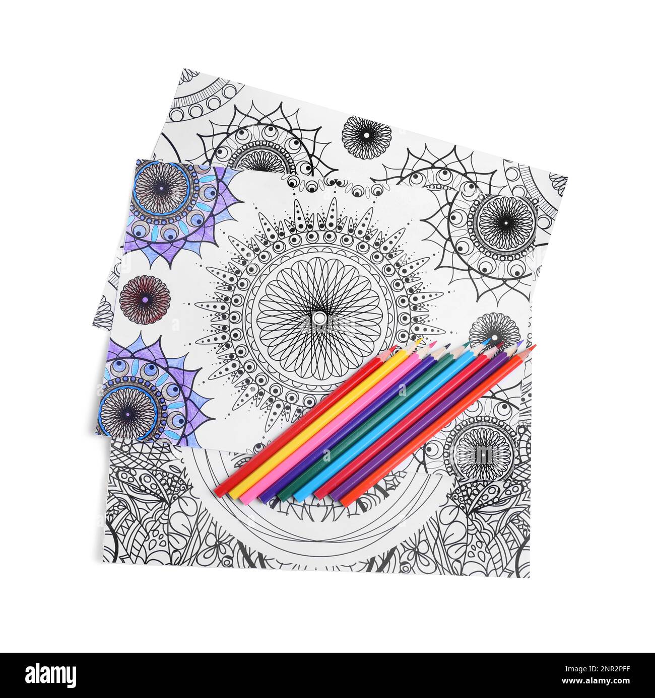 Anti-Stress-Farbseiten und -Stifte auf weißem Hintergrund, Draufsicht Stockfoto