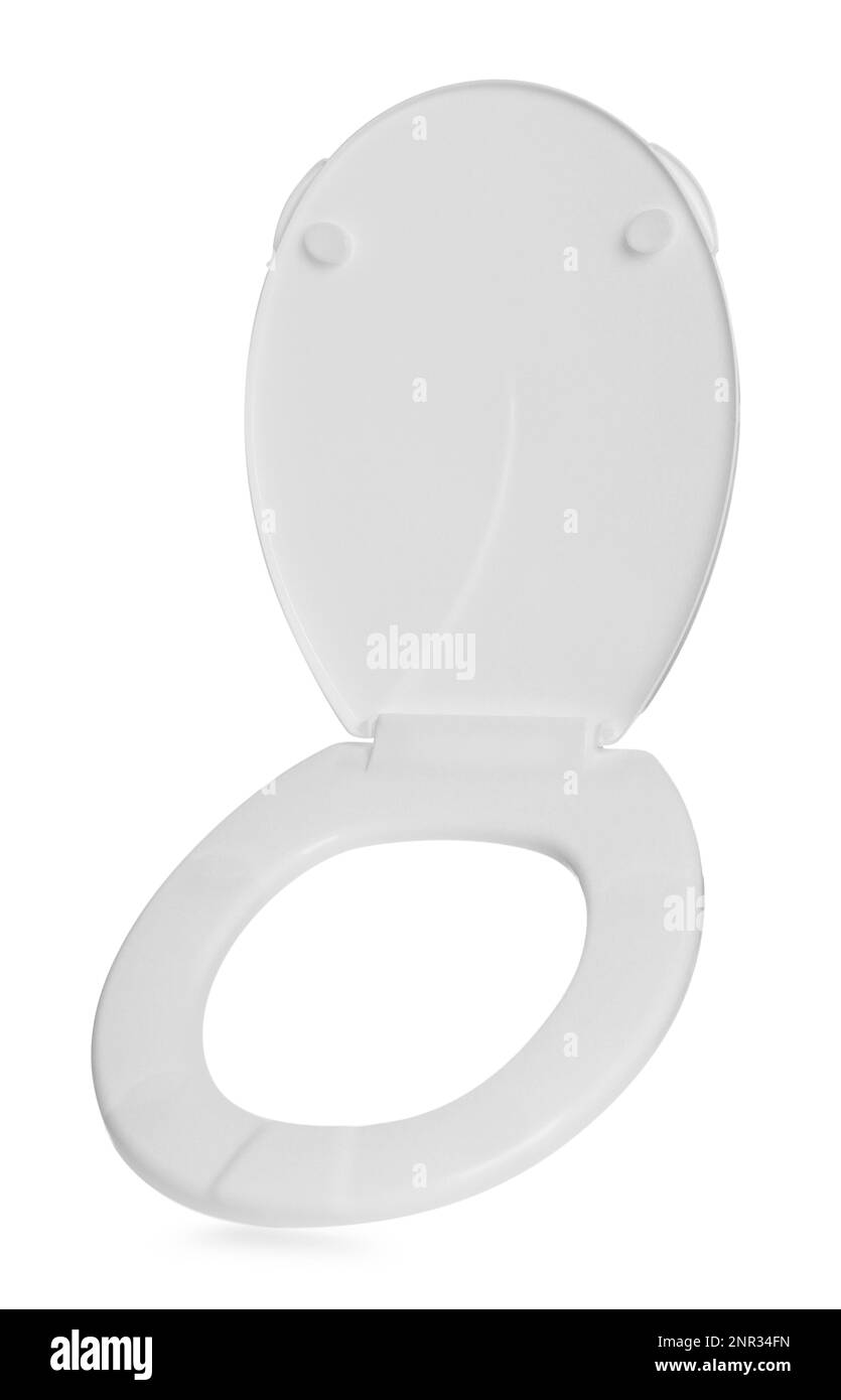 Neuer, auf weiß isolierter Toilettensitz aus Kunststoff Stockfoto