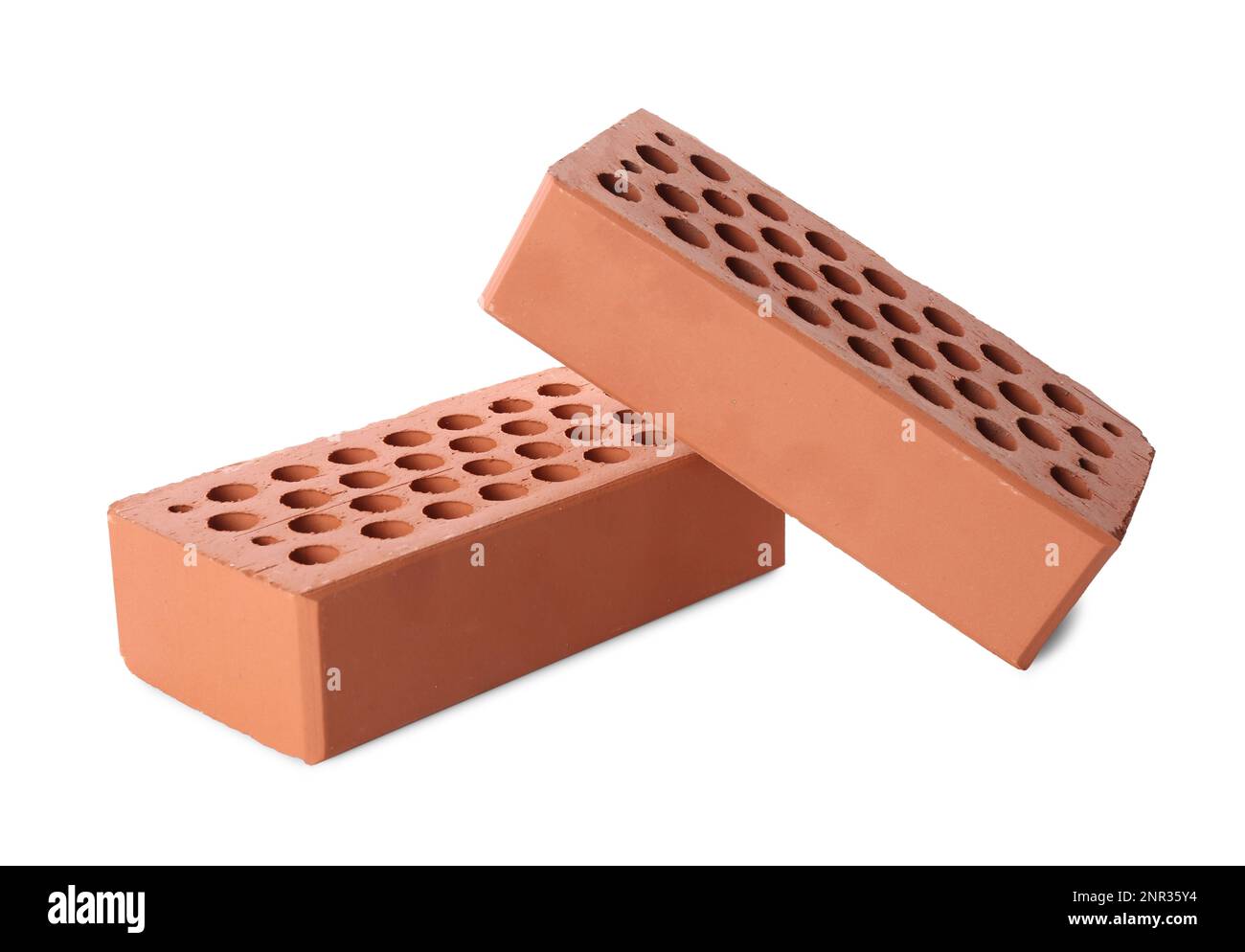 Zwei rote Ziegel isoliert auf weiß. Baumaterial Stockfoto