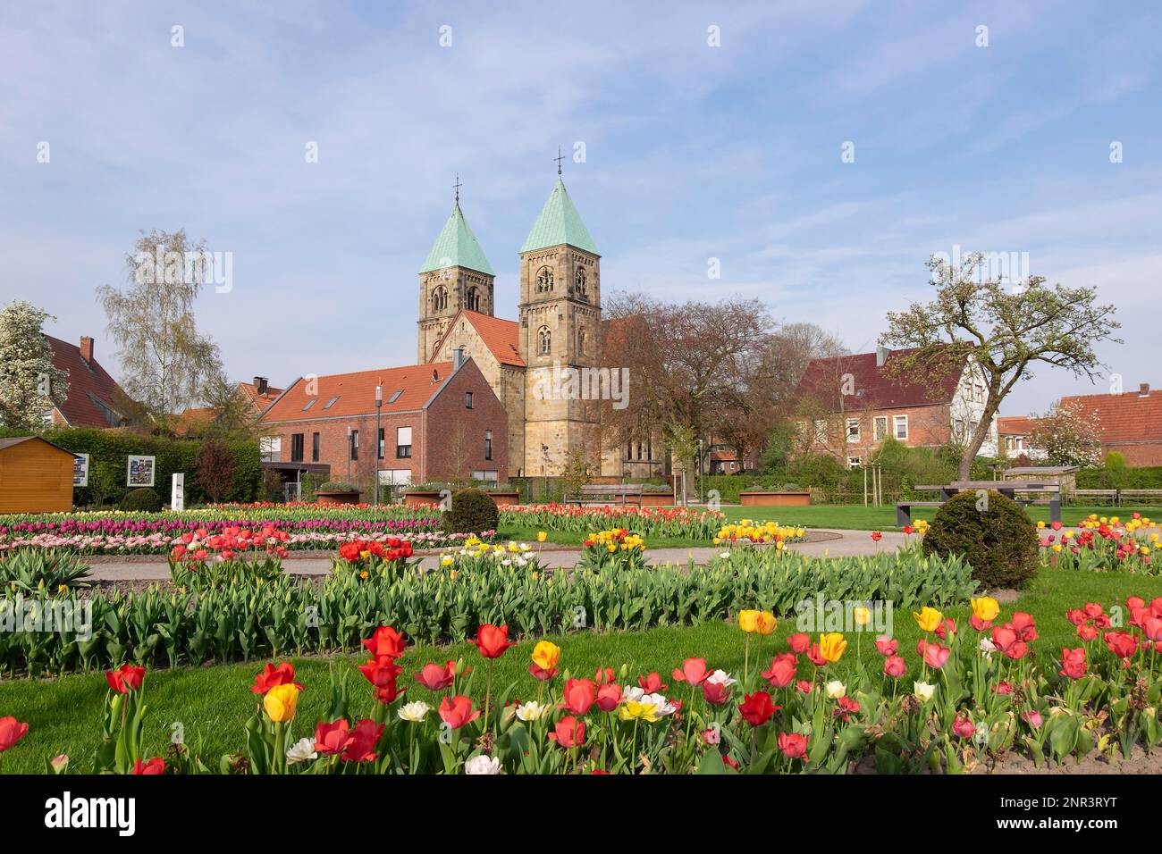 Kirche St. Brigida, im Vordergrund der Dahlia-Garten, im Frühjahr mit Tulpen bepflanzt, Legden, Mülleimer, Nordrhein-Westfalen, Deutschland Stockfoto