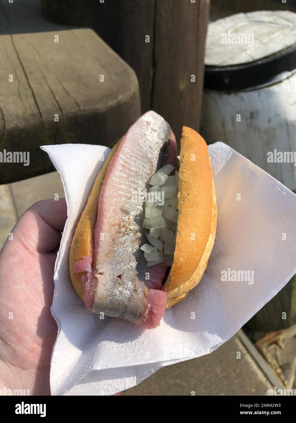 Hand halten jungen Hering oder Matie deutschen Stil Fisch Sandwich mit rohen Zwiebeln in Brötchen, persönliche Perspektive Sicht Stockfoto