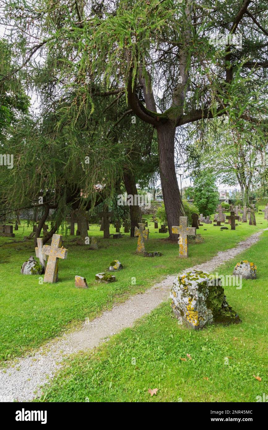 Schotterpfad durch den Friedhof mit alten Grabmarkierungen und Kreuzen bedeckt mit Moos und Flechten in den gotischen Ruinen von Pirita, Tallinn, Estland. Stockfoto