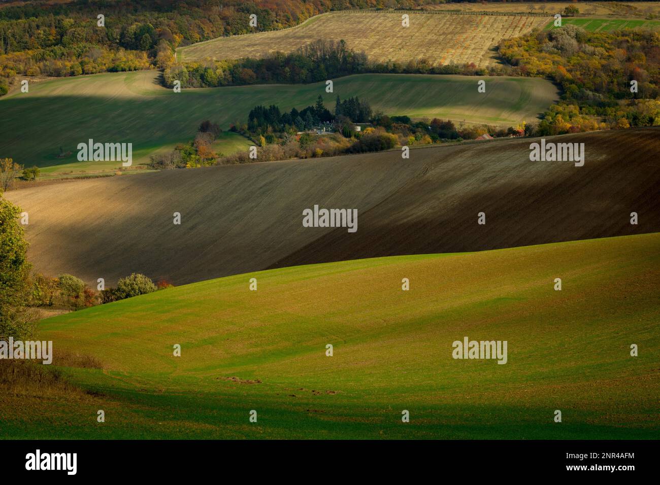 Wunderschöne Landschaft mit gepflügten mährischen Feldern im Herbst. Tschechische republik, Mährisch, Tschechische republik Stockfoto