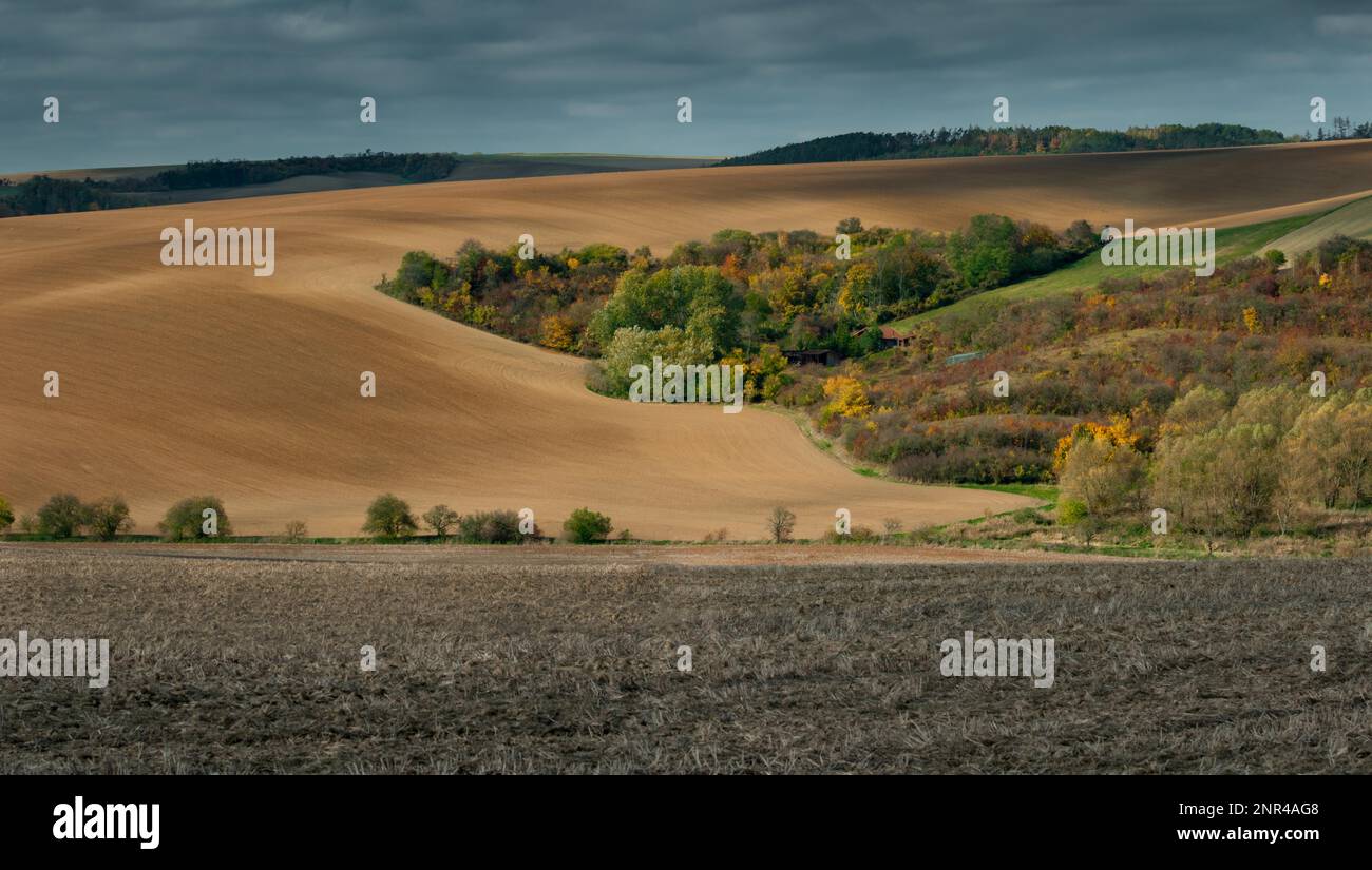 Wunderschöne raue Landschaft mit gepflügten mährischen Feldern in der Herbstsaison. Tschechische republik, Mährisch, Tschechische republik Stockfoto