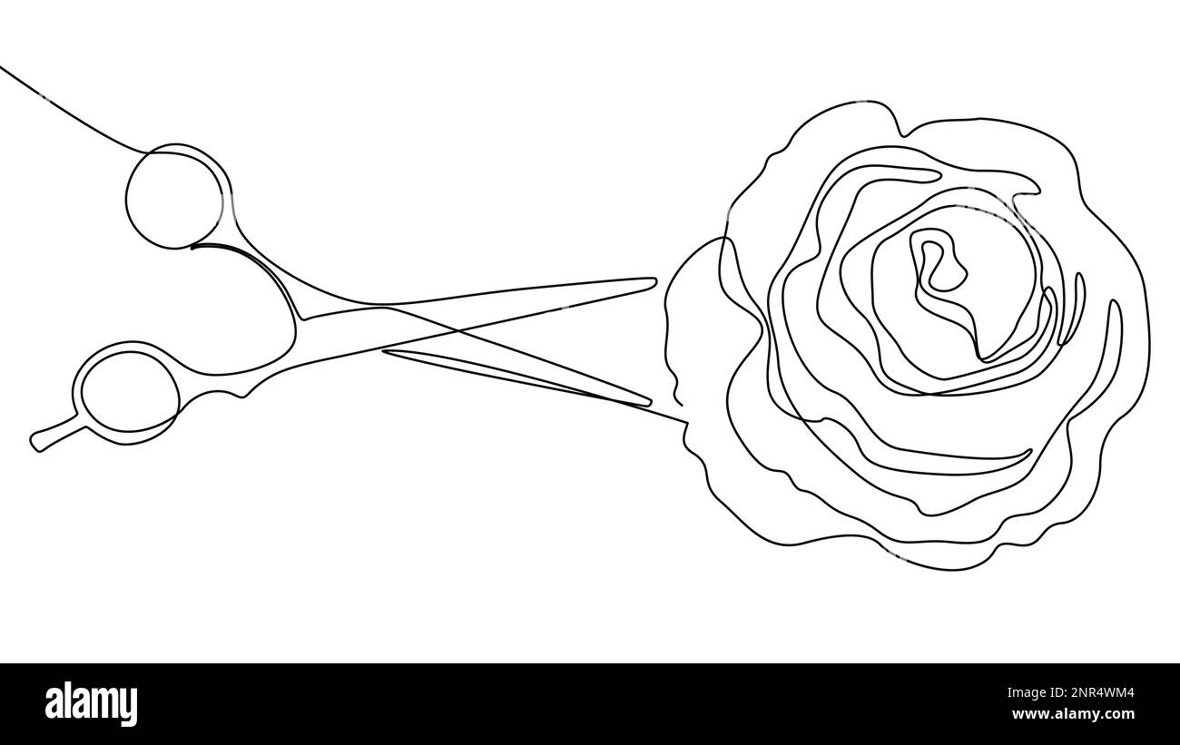 Eine durchgehende Schere mit Rosenblumen. Vektorkonzept zur Darstellung dünner Linien. Kontur Zeichnen kreativer Ideen. Stock Vektor