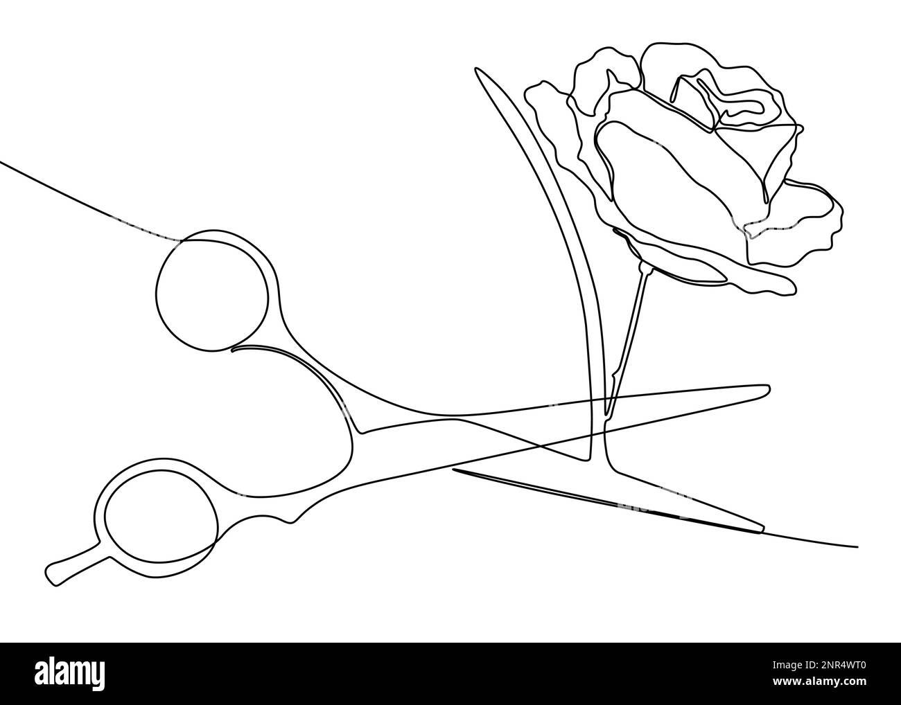 Eine durchgehende Schere mit Rosenblumen. Vektorkonzept zur Darstellung dünner Linien. Kontur Zeichnen kreativer Ideen. Stock Vektor