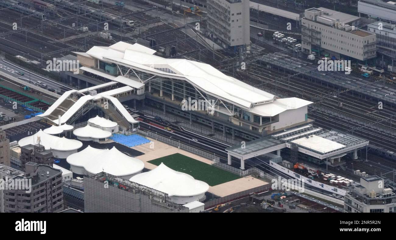 An aerial photo shows the Takanawa Gateway Station in Tokyo on March 14