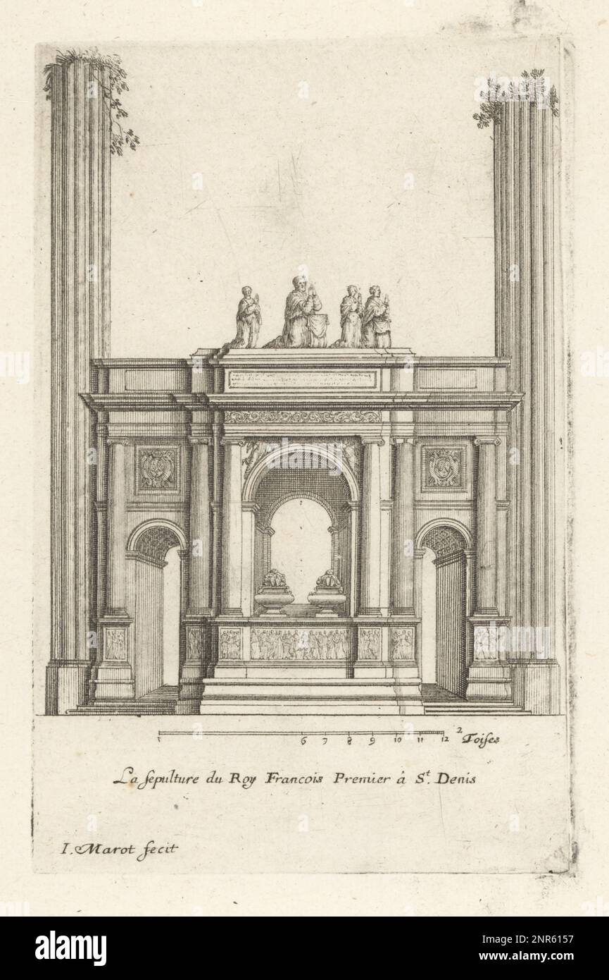 Das Grab von König Franziskus I. in der Basilika St. Denis. Francis I., seine Frau Claude von Frankreich und drei ihrer Kinder knieten oben im Gebet. La Sepulture du Roy Francois Premier A St. Denis. Gravur aus Kupferplatten, gezeichnet und graviert von Jean Marot aus seinen Recueil des Plans, Profils et Elevations de plusieurs Palais, Chasteaux, Eglises, Sepultures, Grotes et Hotels, Sammlung von Plänen, Profilen und Höhen von Palästen, Schlössern, Kirchen, Gräbern, Grotten und Hotels, chez Mariette, Paris, 1655. Stockfoto