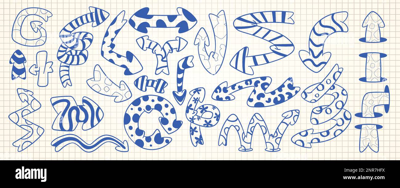 Ein Satz blauer, skurriler Pfeile auf einem Hintergrund aus Gitterpapier. Vektordarstellung von spiralförmigen, runden, verdrehten Zeigern mit abstrakten Streifen-, gepunkteten, Blumen- und Punktmustern. Skizze auf Notizbuchseite Stock Vektor