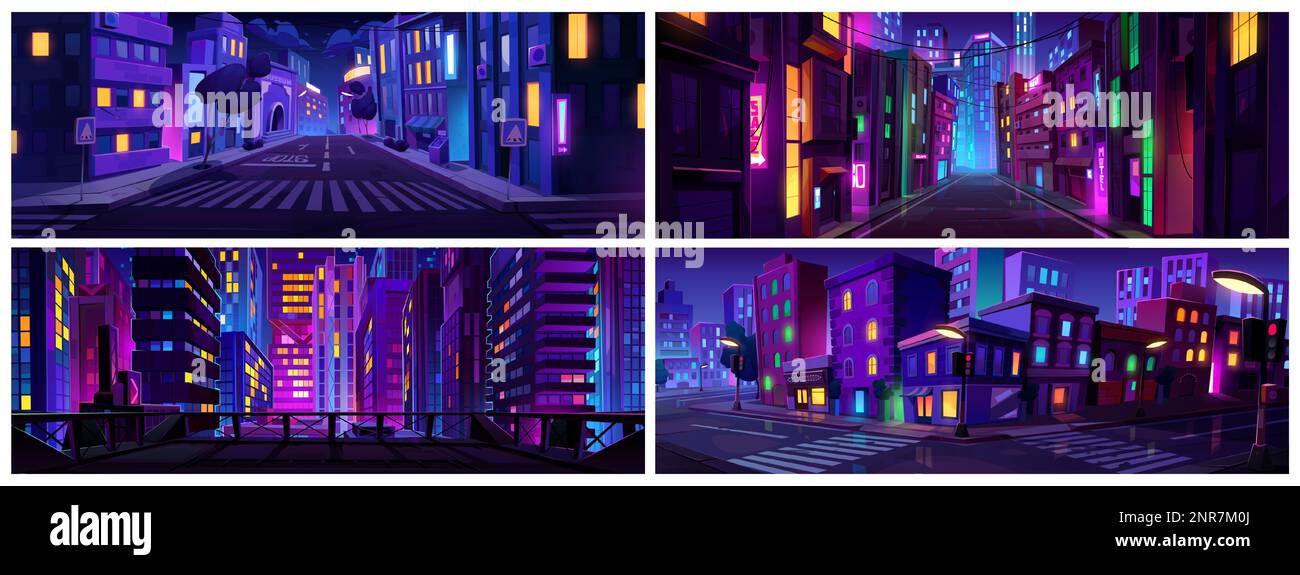 Neonlicht an der Nacht Straße Straße Straße Straße Straße Cartoon Landschaft Set von Illustrationen. Urbane Skyline mit Gebäude und Straße in der Nacht. Leere Sammlung mit Dark Game Panorama Scene. Stock Vektor