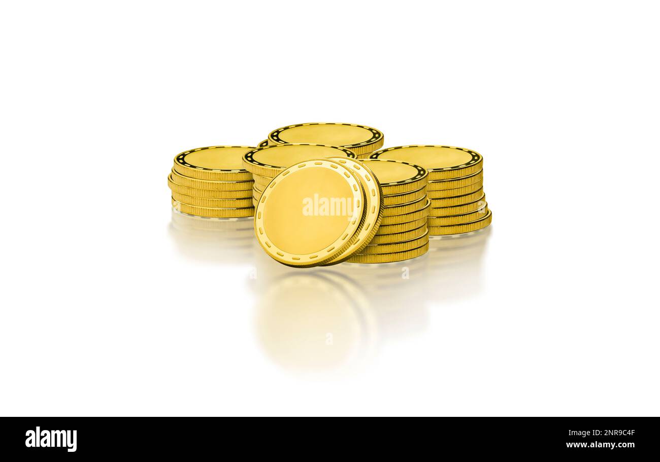 Goldmünzstapel isoliert auf weißem Hintergrund mit Reflexion, 3D-Darstellung, Geschäfts- und Finanzkonzept. Stockfoto