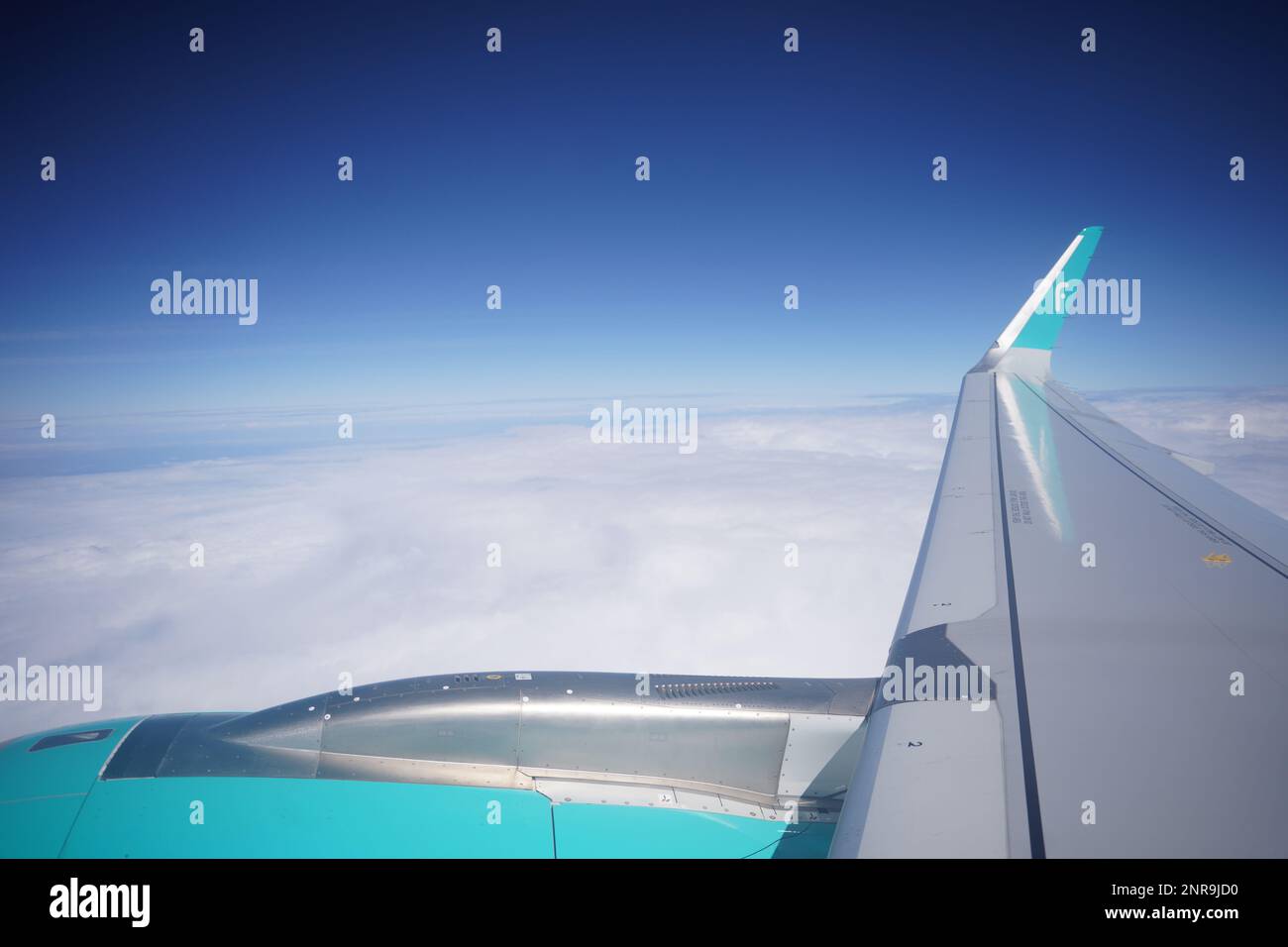 Flugzeugflügel Hintergrund, Flynas Logo Airline auf dem Flugzeugflügel. Blick auf einen Flugzeugflügel am Himmel vom Flugzeugfenster am Morgen mit C. Stockfoto