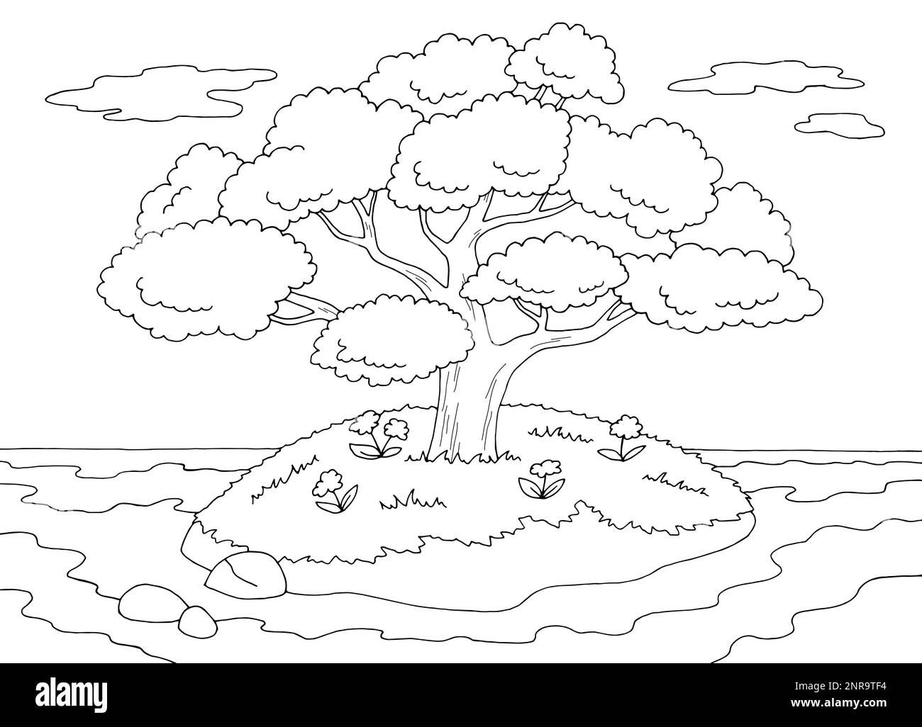 Darstellungsvektor für die Skizze der Inselbaumstruktur in schwarz-weiß Querformat Stock Vektor