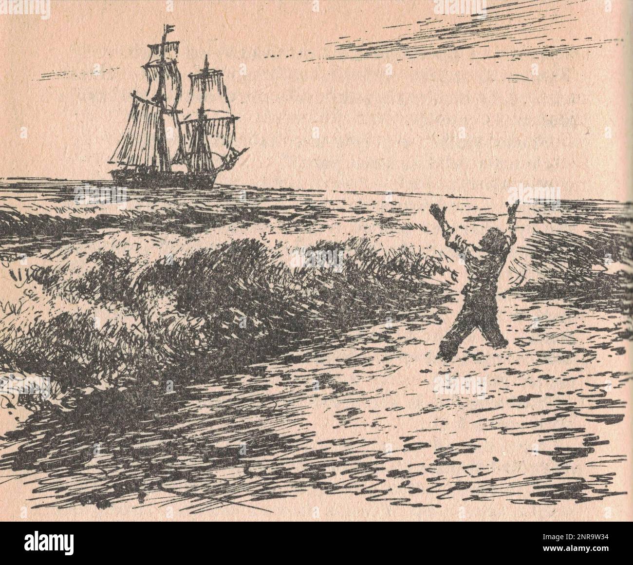 Die schwarz-weiße Abbildung zeigt, dass der Überlebende vom Schiff begrüßt wird. Die schwarz-weiße Abbildung zeigt, dass der Überlebende von einem Schiff begrüßt wird. Ein klassisches Schwarz-Weiß-Bild zeigt das Leben im Wilden Westen. Stockfoto