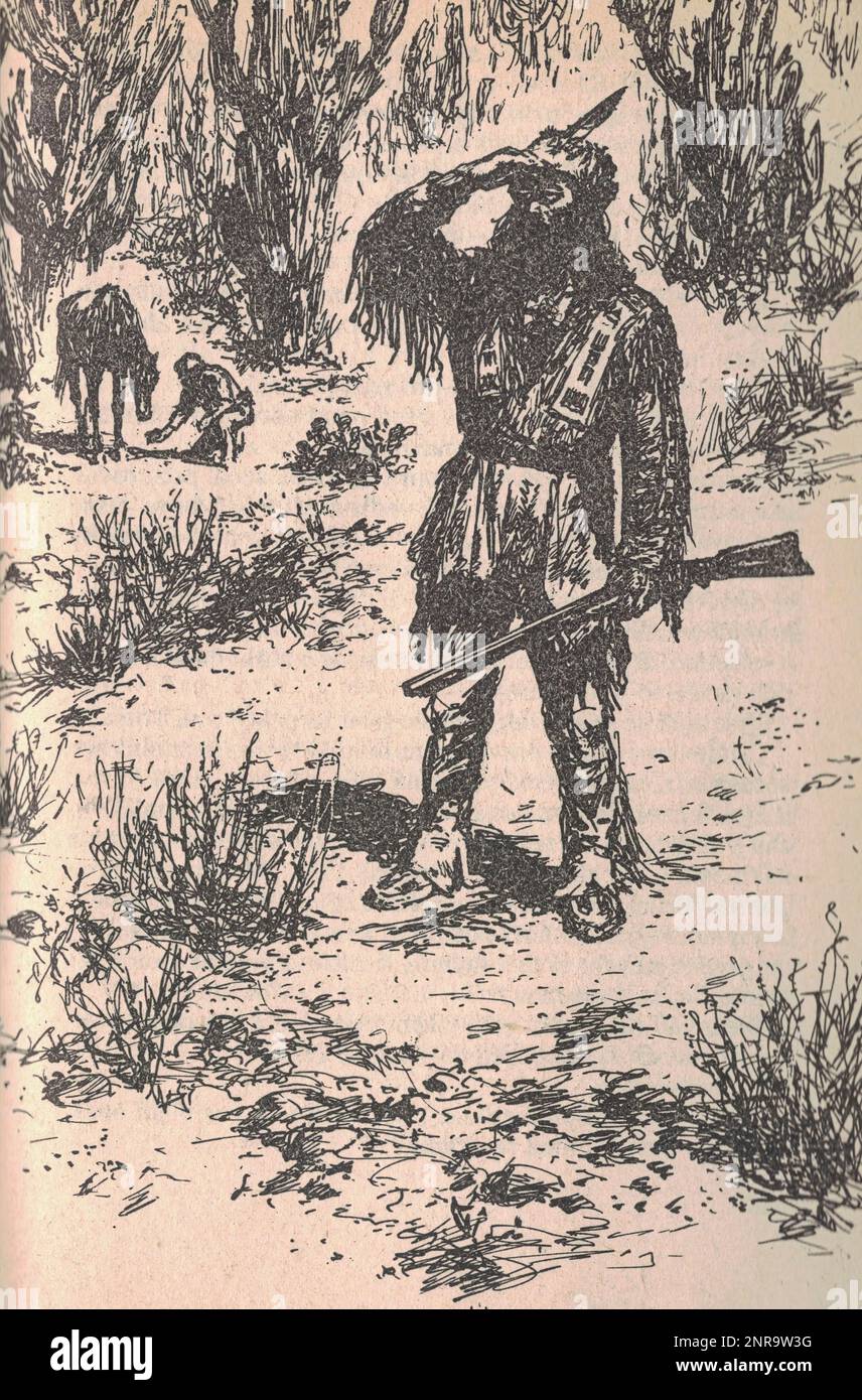 Die Schwarzweiß-Abbildung zeigt den Trapper. Die Schwarzweiß-Abbildung zeigt den Holzfäller. Ein klassisches Schwarz-Weiß-Bild zeigt das Leben im Wilden Westen. Stockfoto