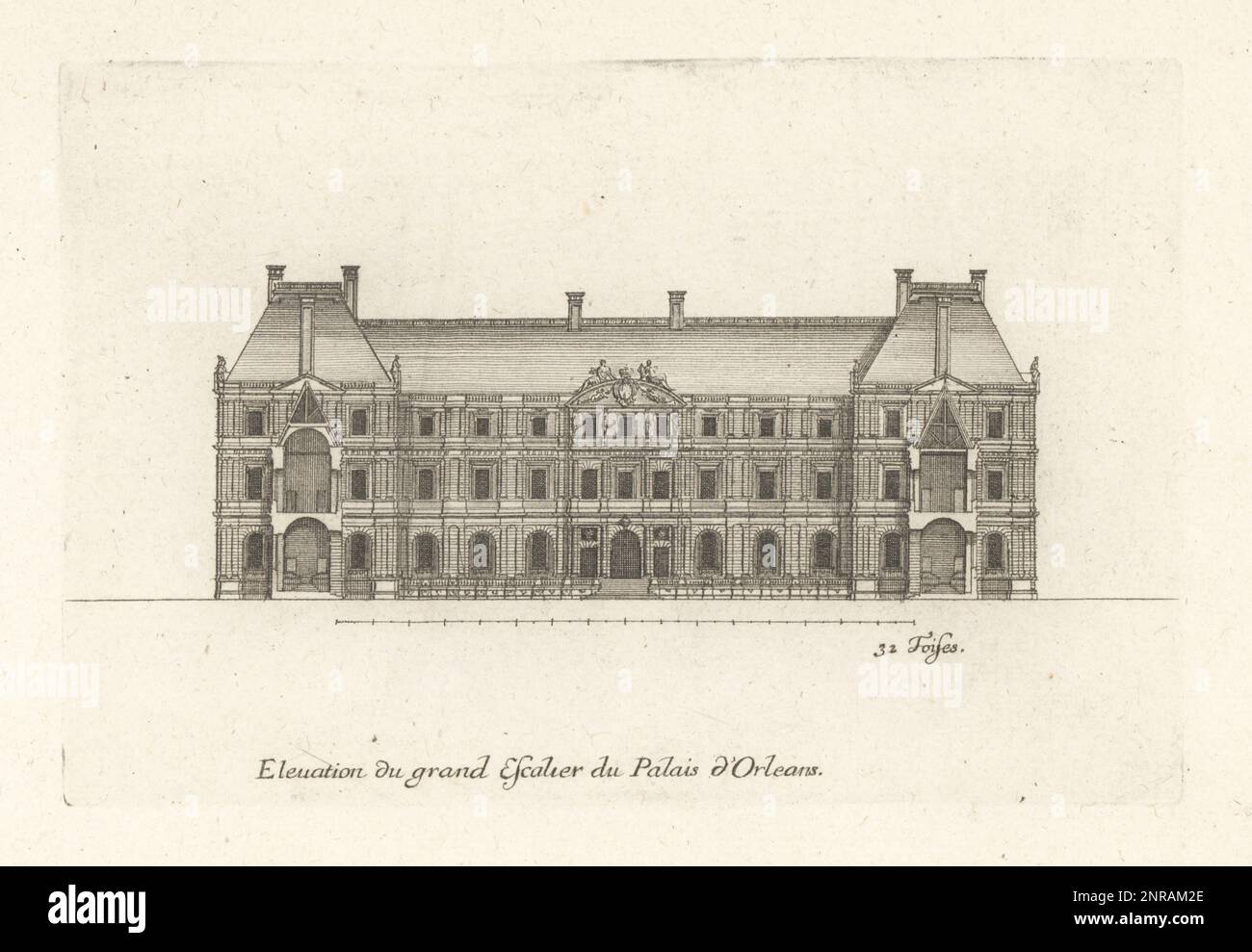 Die große Treppe zum Schloss Luxemburg (Palais du Luxembourg) wurde nach den Entwürfen des französischen Architekten Salomon de Brosse für Marie de' Medici errichtet. Elevation du Grand escalier du Palais d'Orleans. Gravur aus Kupferplatten, gezeichnet und graviert von Jean Marot aus seinen Recueil des Plans, Profils et Elevations de Plusieurs Palais, Chasteaux, Eglises, Sepulturen, Grotes et Hotels, Sammlung von Plänen, Profilen und Höhen von Palästen, Schlössern, Kirchen, Gräbern, Grotten und Hotels, chez Mariette, Paris, 1655. Stockfoto