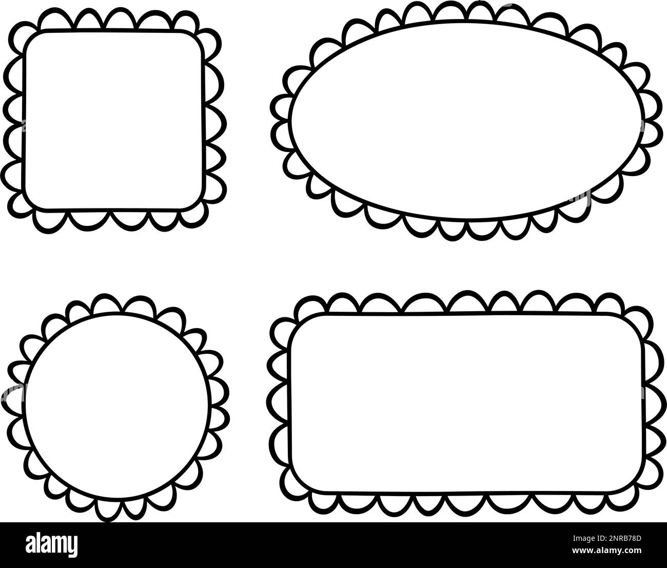 Doodle Circle und quadratische Muschelrahmen. Handgezeichnete Rechteck- und Ellipsenformen mit ausgekrümmten Kanten. Einfaches Etikettenformular. Rahmen aus Blumenspitze Stock Vektor