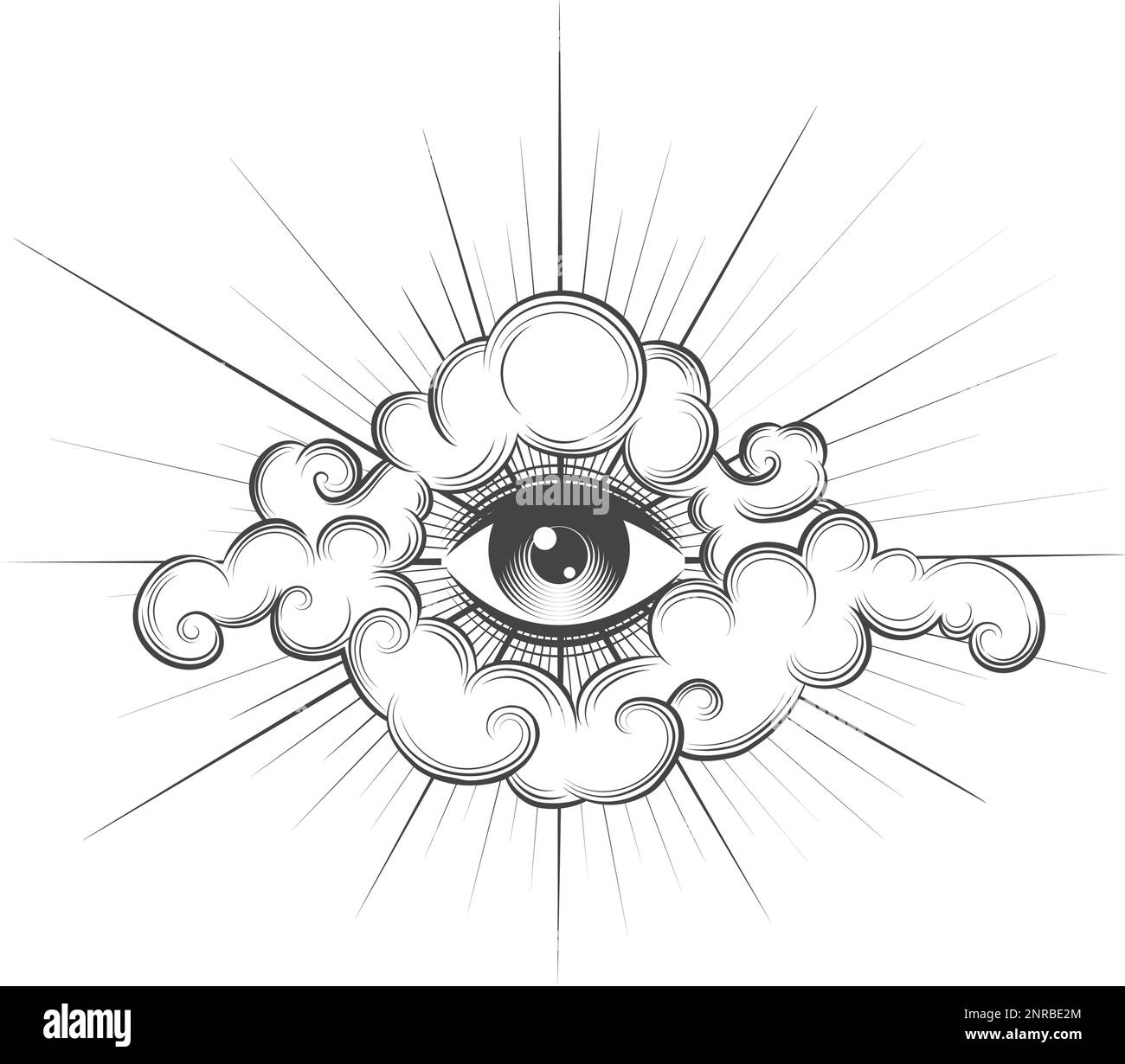 Tattoo von All Sehen Eye in a Sky, gemalt im Gravurstil, isoliert auf Weiß. Vektordarstellung. Stock Vektor