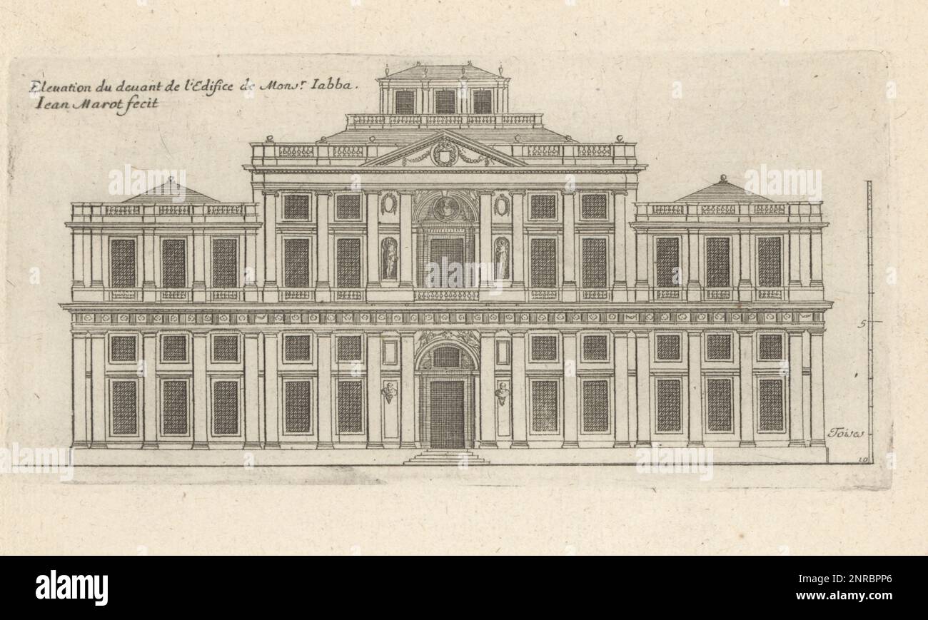 Höhe der Frontfassade des Hotel Jabach, Rue Saint-Merri 42, Paris. Erbaut vom Architekten Pierre Bullet für Everhard Jabach, 1618-1695, französischer Geschäftsmann, Kunstsammler und Direktor der French East India Company. Abgerissen im 20. Jahrhundert. Elevation du devant de l'Edefice de Monsr. Iabba. Gravur aus Kupferplatten, gezeichnet und graviert von Jean Marot aus seinen Recueil des Plans, Profils et Elevations de plusieurs Palais, Chasteaux, Eglises, Sepultures, Grotes et Hotels, Sammlung von Plänen, Profilen und Höhen von Palästen, Schlössern, Kirchen, Gräbern, Grotten und Hotels, chez Mariette, Stockfoto