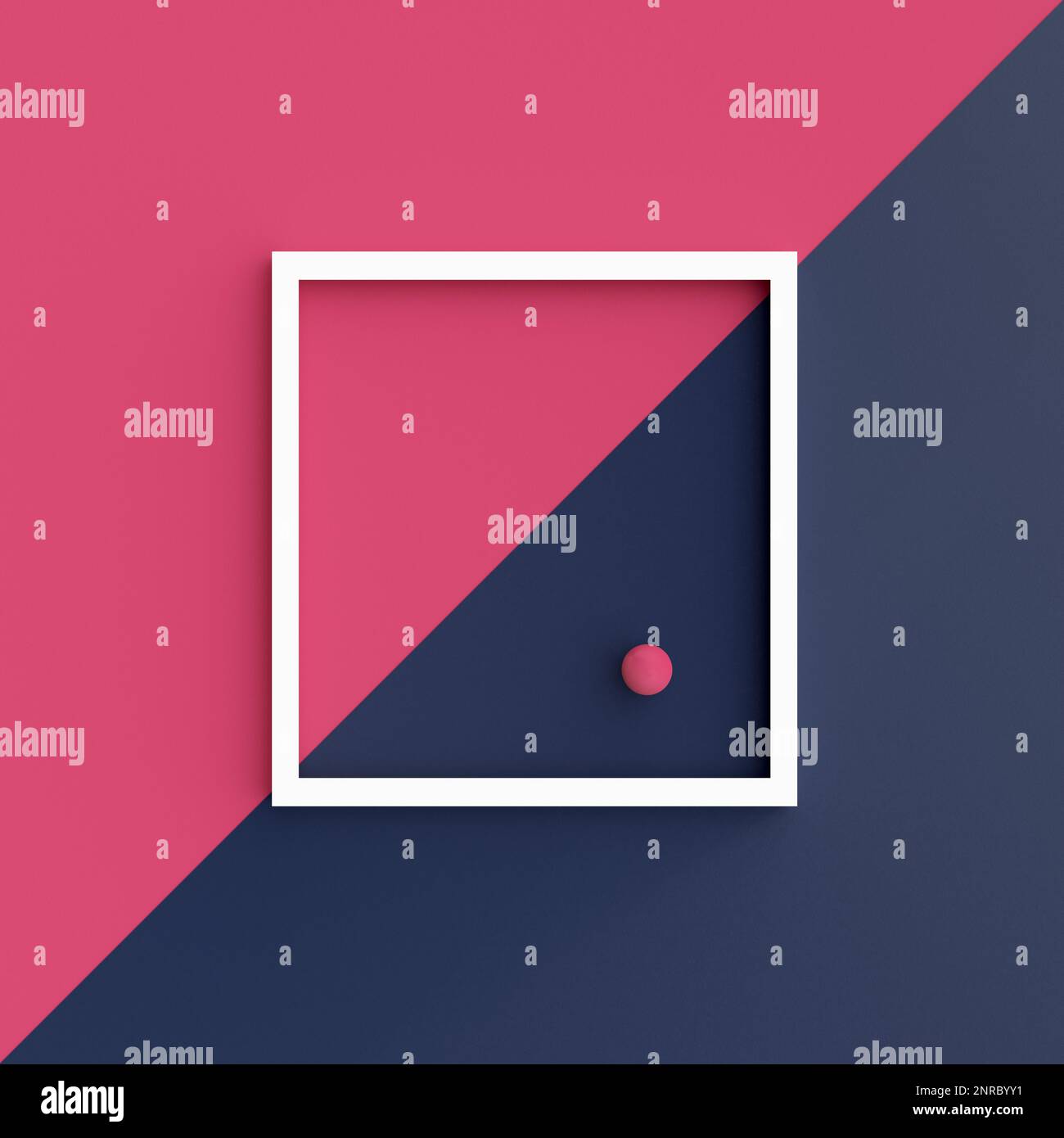 Ein Ball in einem weißen, leeren Bilderrahmen, der an einer Wand mit doppeltem Viva Magenta und Blau hängt. Abstrakter Hintergrund und minimalistisches 3D-Rendering mit geometrischem sh Stockfoto