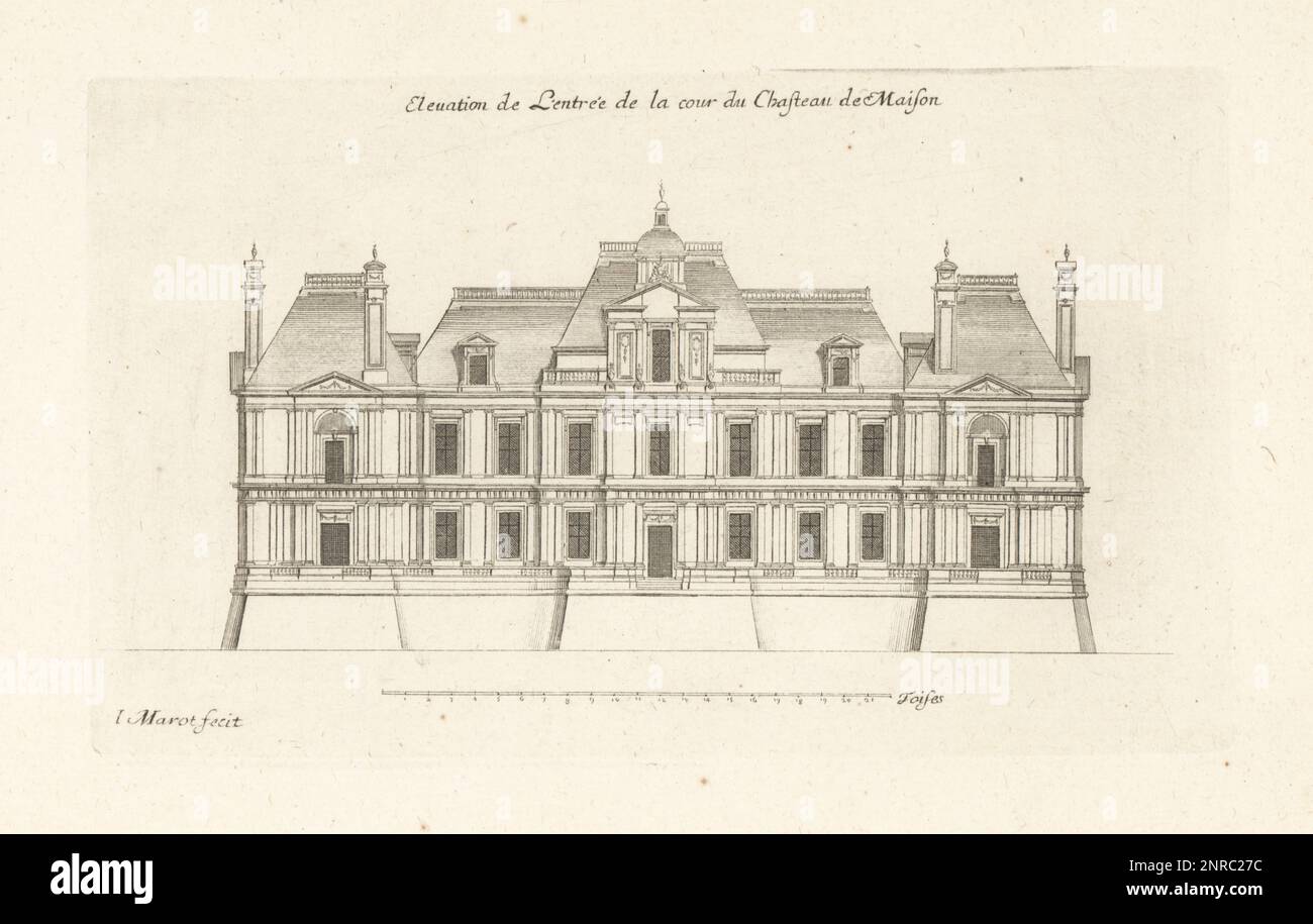 Erhöhung des Eingangs zum Innenhof des Chateau de Maisons (jetzt Chateau de Maisons-Laffitte), entworfen vom französischen Architekten Francois Mansart. Elevation de l'Entree de la Cour du Chasteau de Maison. Gravur aus Kupferplatten, gezeichnet und graviert von Jean Marot aus seinen Recueil des Plans, Profils et Elevations de plusieurs Palais, Chasteaux, Eglises, Sepultures, Grotes et Hotels, Sammlung von Plänen, Profilen und Höhen von Palästen, Schlössern, Kirchen, Gräbern, Grotten und Hotels, chez Mariette, Paris, 1655. Stockfoto