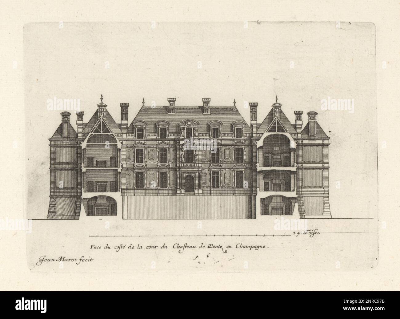 Fassade des Innenhofs des Chateau de Pontz, Champagner, entworfen vom Architekten Pierre Lemuet. Face du coste de la Cour du Chasteau de Pontz en Champagne. Gravur aus Kupferplatten, gezeichnet und graviert von Jean Marot aus seinen Recueil des Plans, Profils et Elevations de plusieurs Palais, Chasteaux, Eglises, Sepultures, Grotes et Hotels, Sammlung von Plänen, Profilen und Höhen von Palästen, Schlössern, Kirchen, Gräbern, Grotten und Hotels, chez Mariette, Paris, 1655. Stockfoto