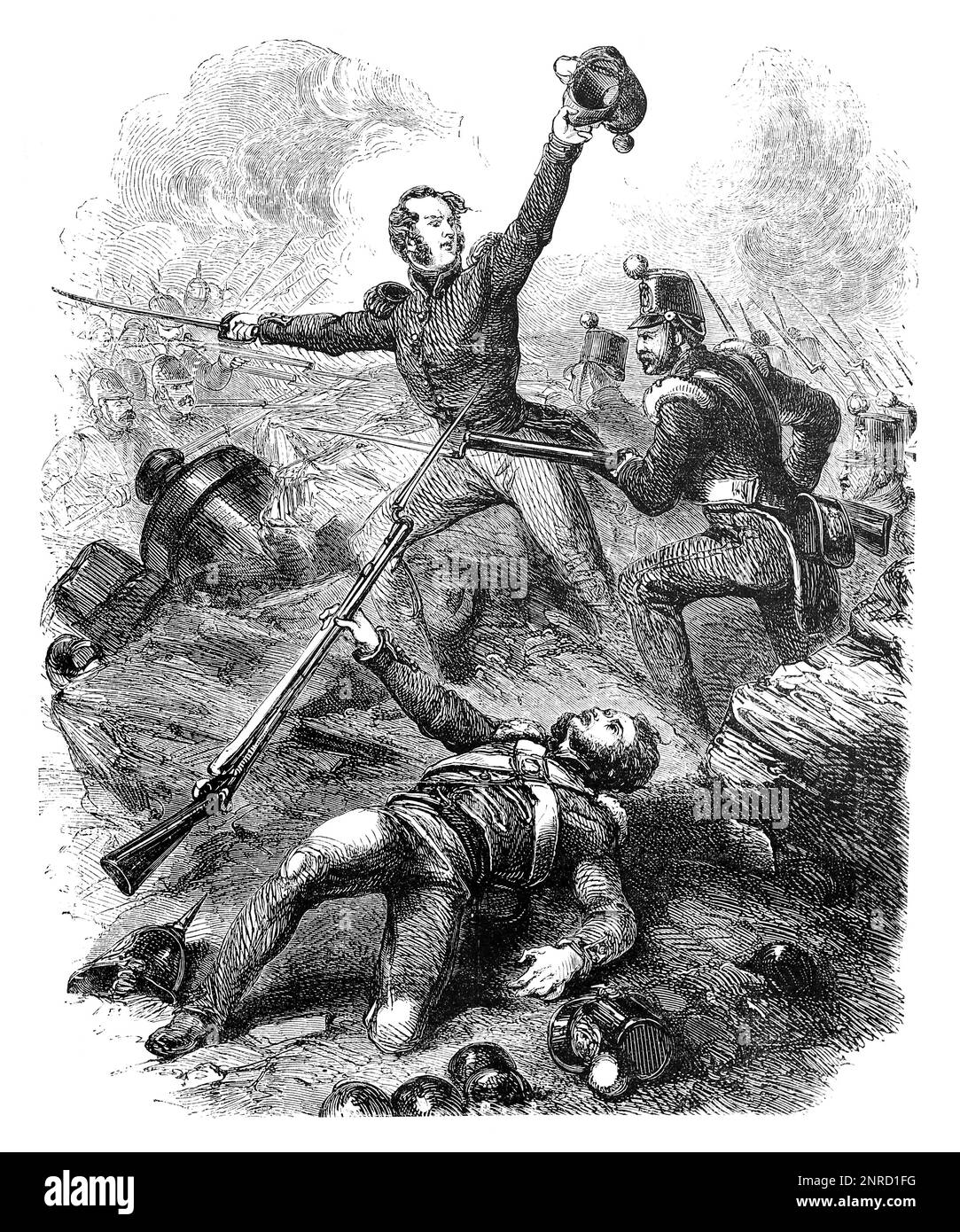 Amtierender Brigadegeneral Charles Ash Windham (bekannt als der Held der Redan) tritt während der Schlacht der Großen Redan während der Belagerung von Sewastopol, Krimkrieg, September 1855 in den russischen redan ein. Schwarzweiß-Illustration Stockfoto Amtierender Brigadegeneral Charles Ash Windham (bekannt als der Held der Redan) tritt während der Schlacht der Großen Redan während der Belagerung von Sewastopol, Krimkrieg, September 1855 in den russischen redan ein. Schwarzweiß-Illustration Stockfoto