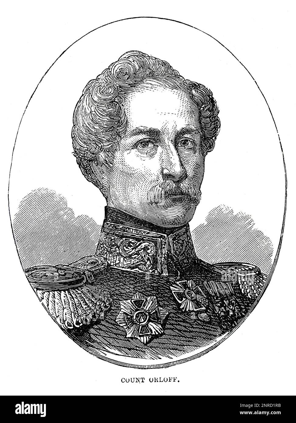 Porträt von Aleksey Fjodorowitsch, Graf Orlov (1786-1861), russischer Offizier und Staatsmann. Einflussreicher Berater von Zar Nicholas I und Aleander II 1856 nahm er an der Friedenskonferenz Teil und half bei der Aushandlung des Pariser Vertrags, der den Krimkrieg zu Ende brachte Schwarzweiß-Illustration Stockfoto Porträt von Aleksey Fjodorowitsch, Graf Orlov (1786-1861), russischer Offizier und Staatsmann. Einflussreicher Berater von Zar Nicholas I und Aleander II 1856 nahm er an der Friedenskonferenz Teil und half bei der Aushandlung des Pariser Vertrags, der den Krimkrieg zu Ende brachte Schwarzweiß-Illustration Stockfoto