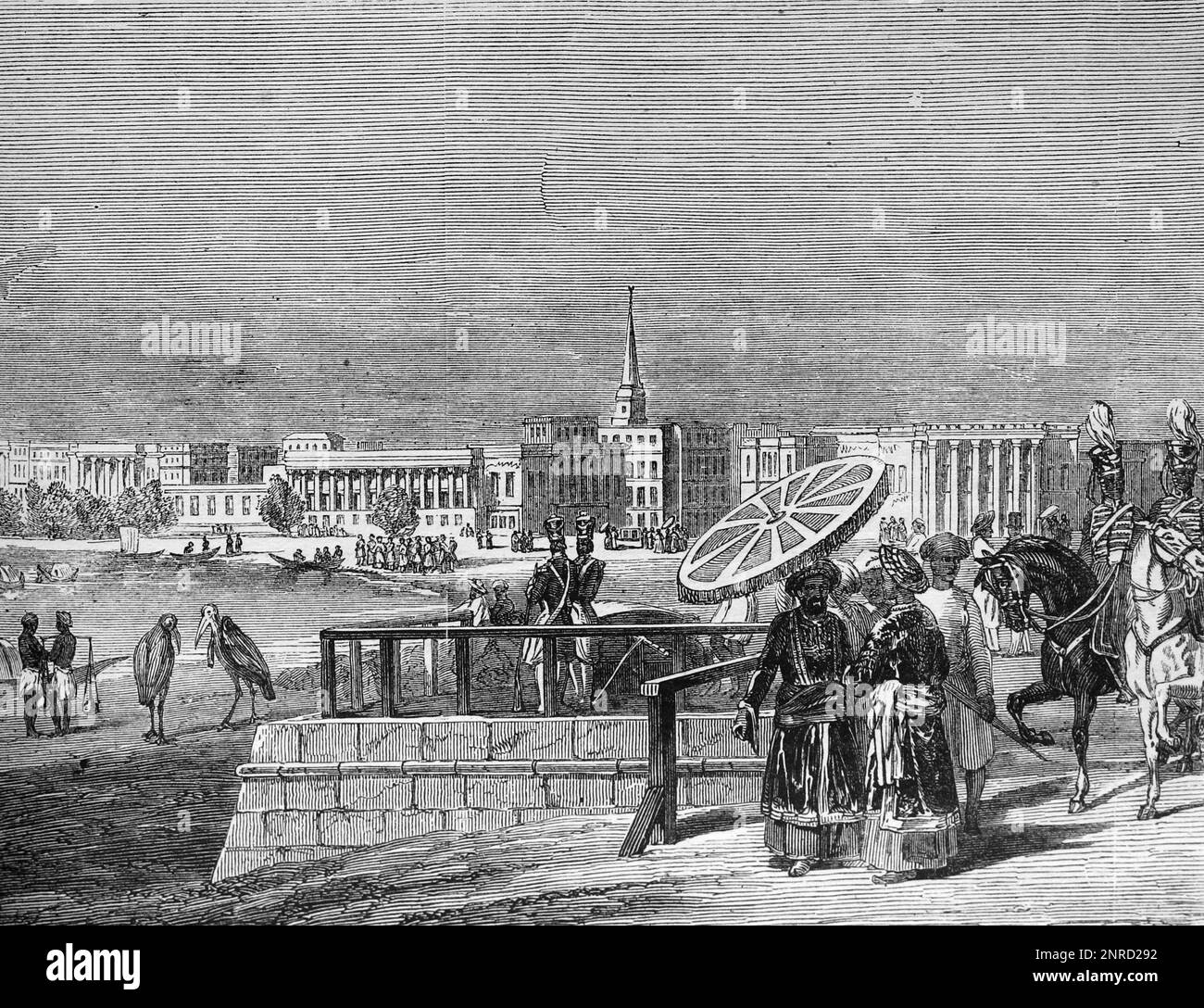 Blick auf Kalkutta im 19. Jahrhundert. Schwarzweiß-Illustration Stockfoto