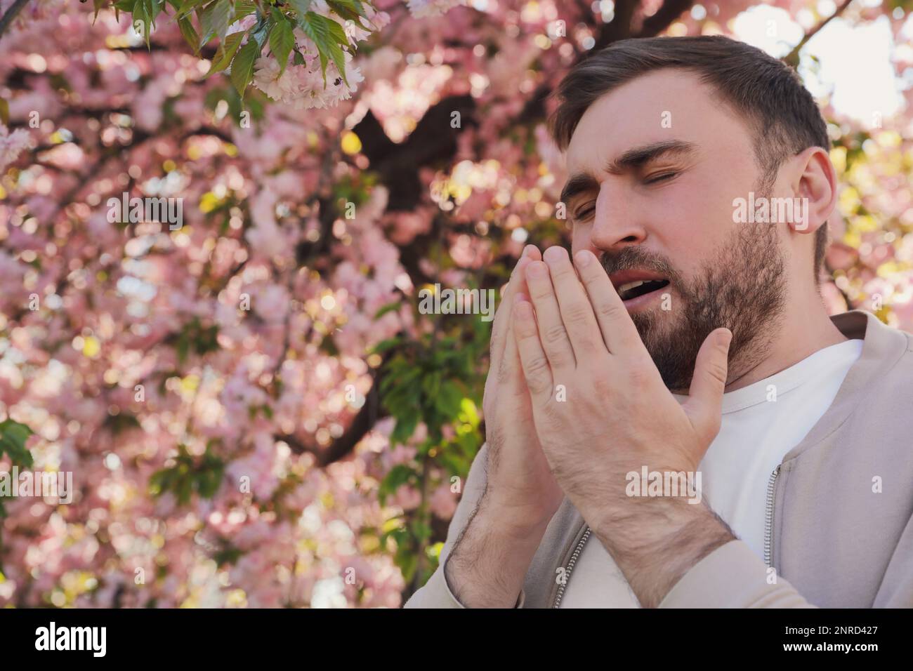 Mann mit saisonaler Pollenallergie in der Nähe von blühenden Bäumen im Freien Stockfoto