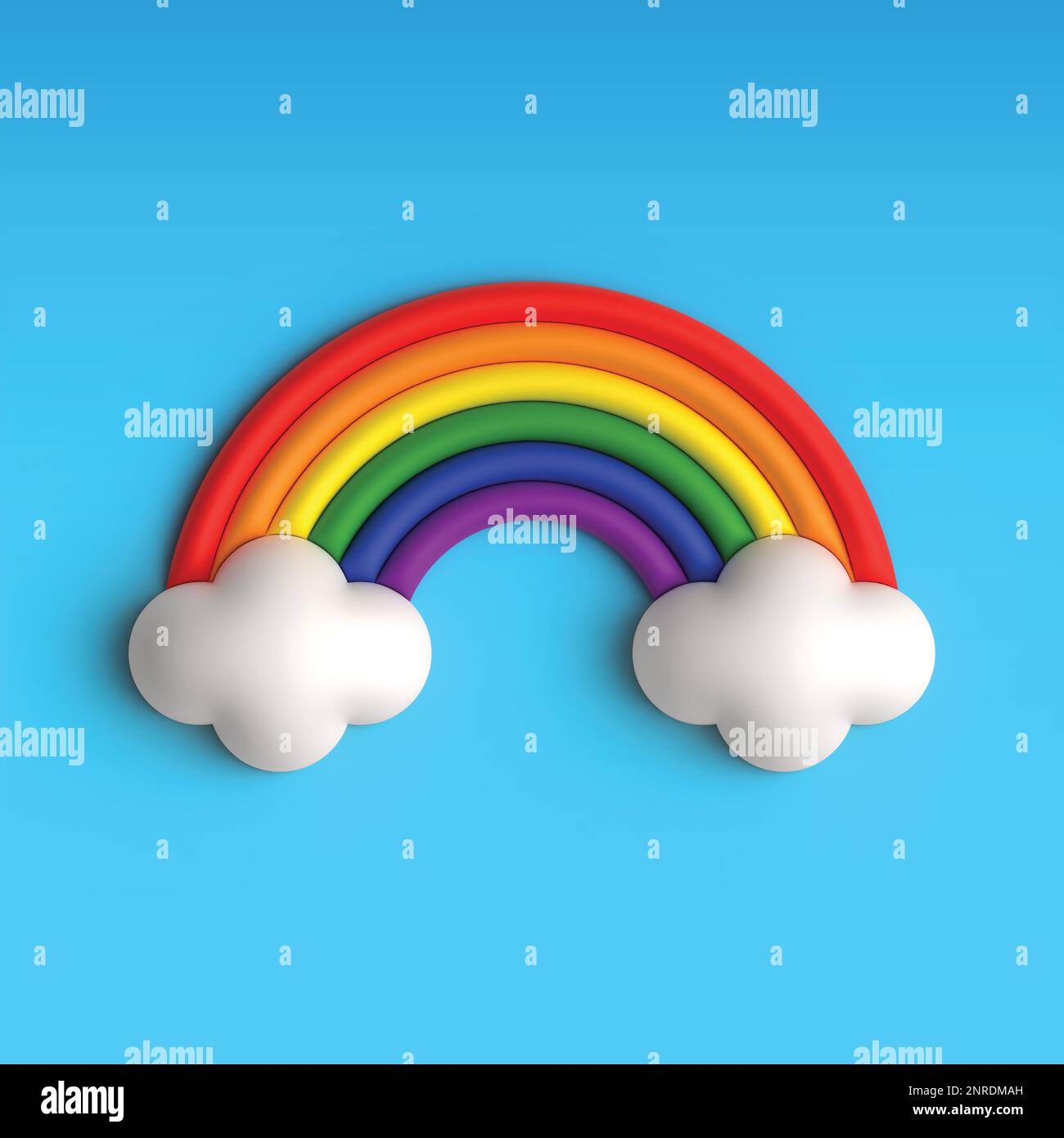 3D Regenbogen mit Wolken auf blauem Hintergrund. Vektordarstellung Stock Vektor