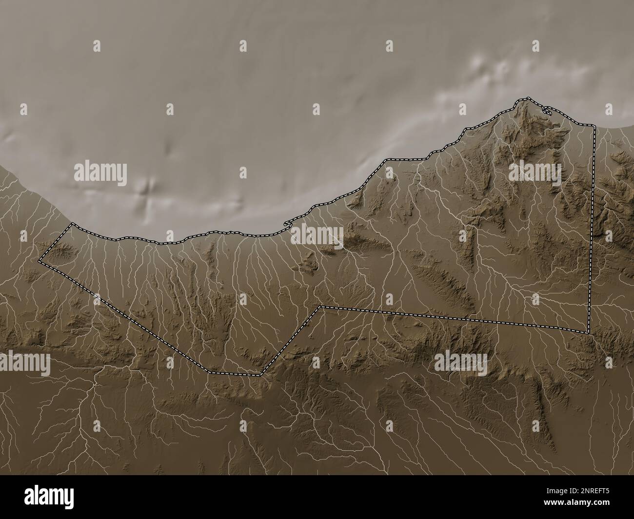 Sahil, Region Somaliland. Höhenplan in Sepia-Tönen mit Seen und Flüssen Stockfoto