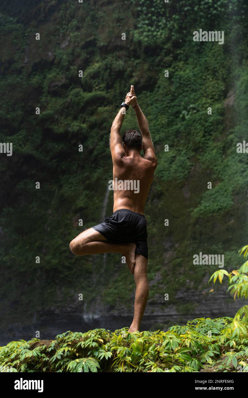 Vrikshasana-Baum-Pose aus Yoga durch Männersilhouette im Dschungel. Stockfoto