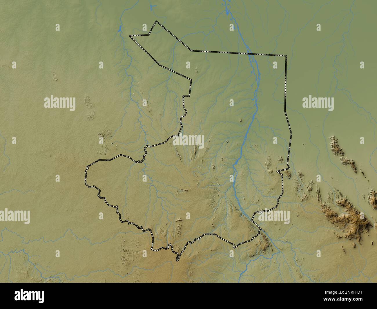 Zentraläquatorien, Staat Südsudan. Farbige Höhenkarte mit Seen und Flüssen Stockfoto