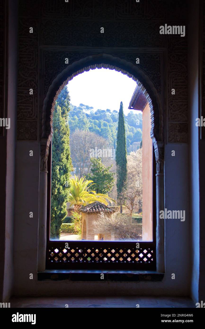 Blick vom fenster im arabischen Stil auf den Garten Stockfoto