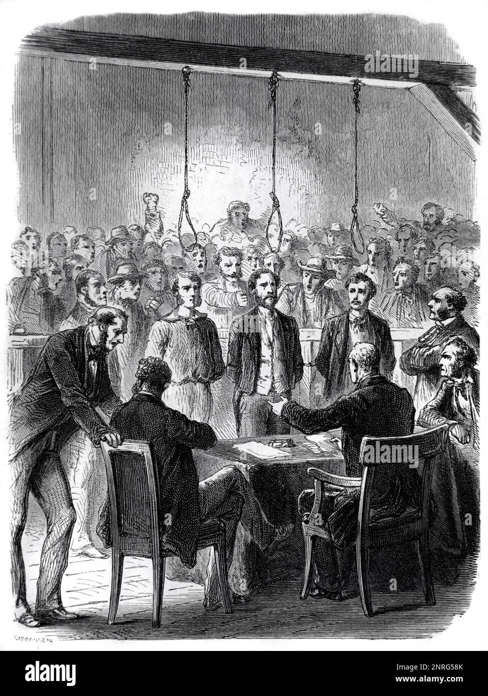 Interrgoation oder Trial of Abolutionist Dr. John Doy und sein Sohn Charles Doy in Missouri, USA, vereint die US-Bundesstaaten. Vintage-Gravur oder Abbildung 1862 Stockfoto