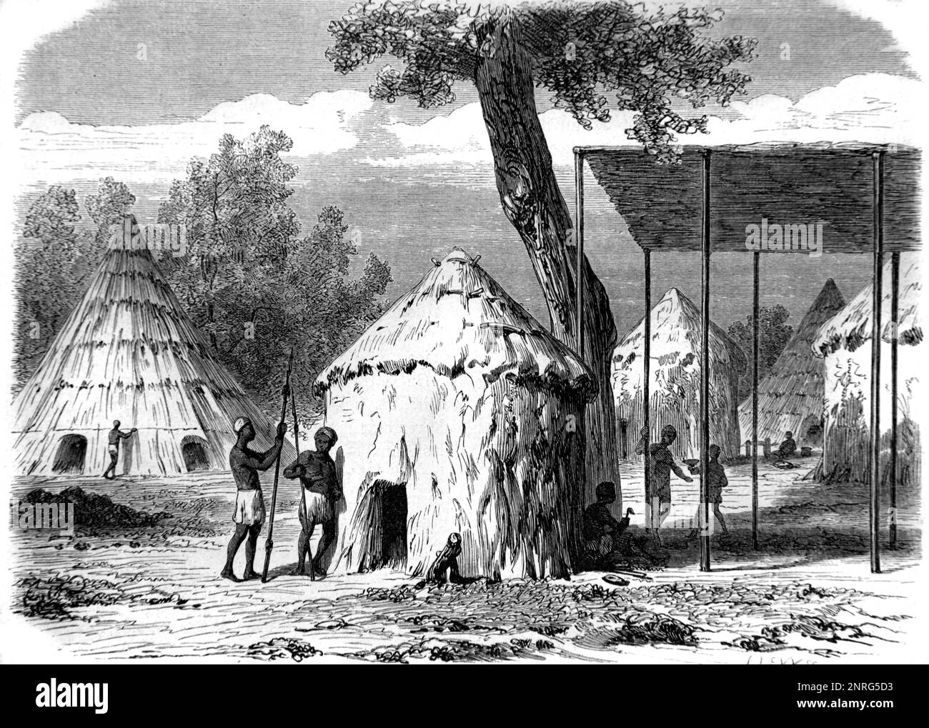 Nuer Village oder African Village of Round Mud Huts im Weißen Nil in Südafrika. Vintage-Gravur oder Abbildung 1862 Stockfoto