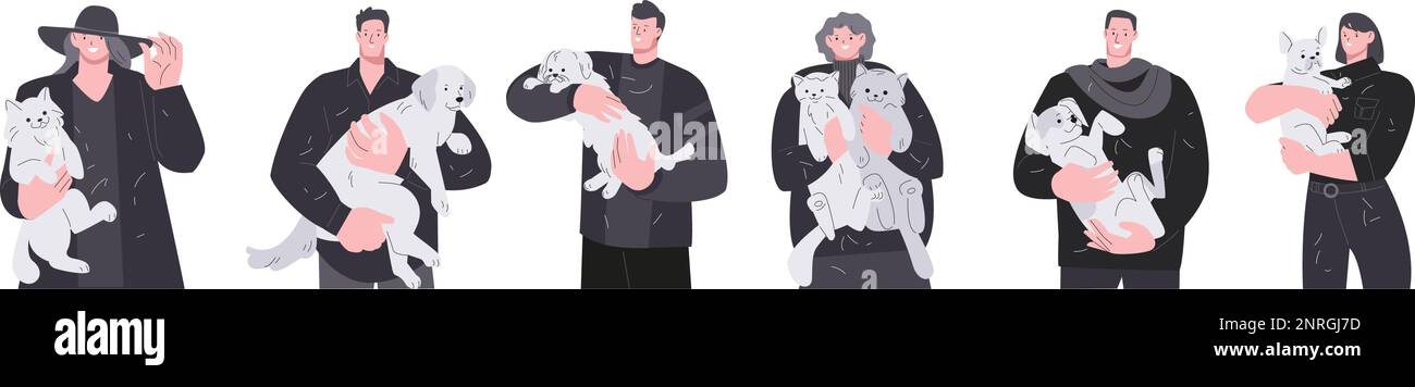 Menschen in Schwarz halten weiße Haustiere. Tierhaare auf dunkler Kleidung, glückliche Geschäftsleute mit Katzen und Hunden. Lustige Besitzer, Pelzkätzchen und Hundekicky Stock Vektor