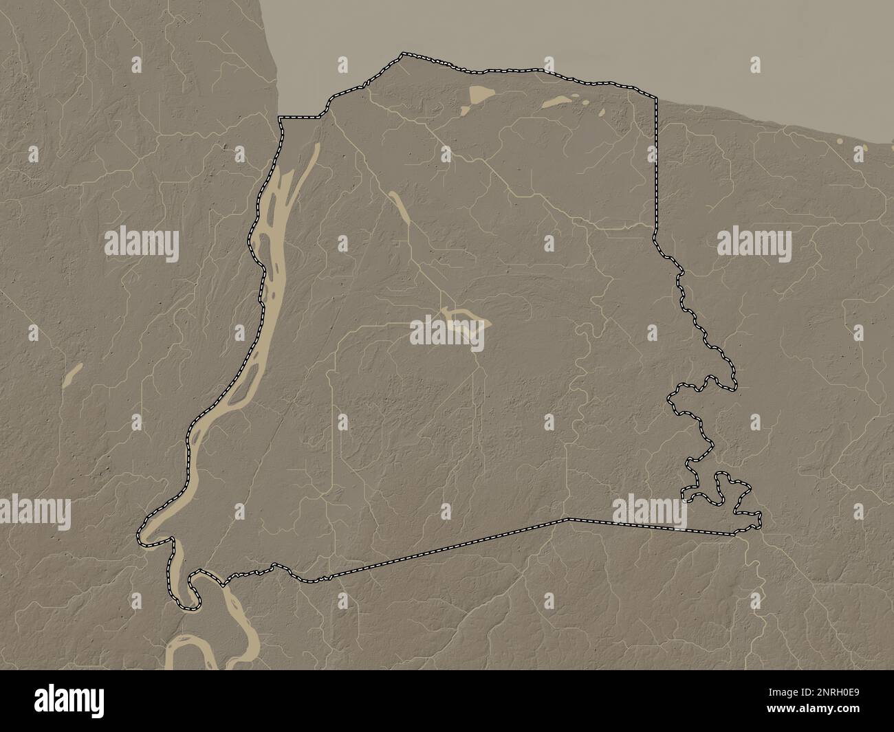 Nickerie, Bezirk Suriname. Höhenplan in Sepia-Tönen mit Seen und Flüssen Stockfoto